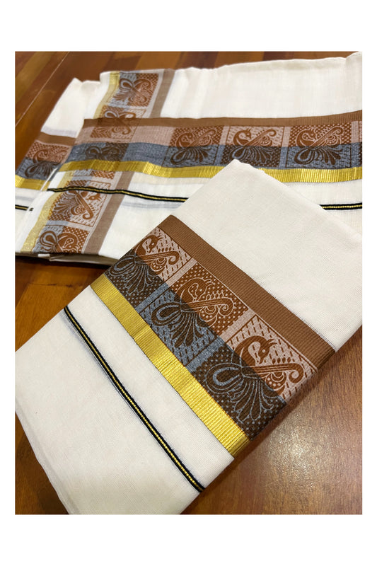 Kerala Cotton Kasavu Single Set Mundu (Mundum Neriyathum) with Blue and Brown Kara and Block Prints