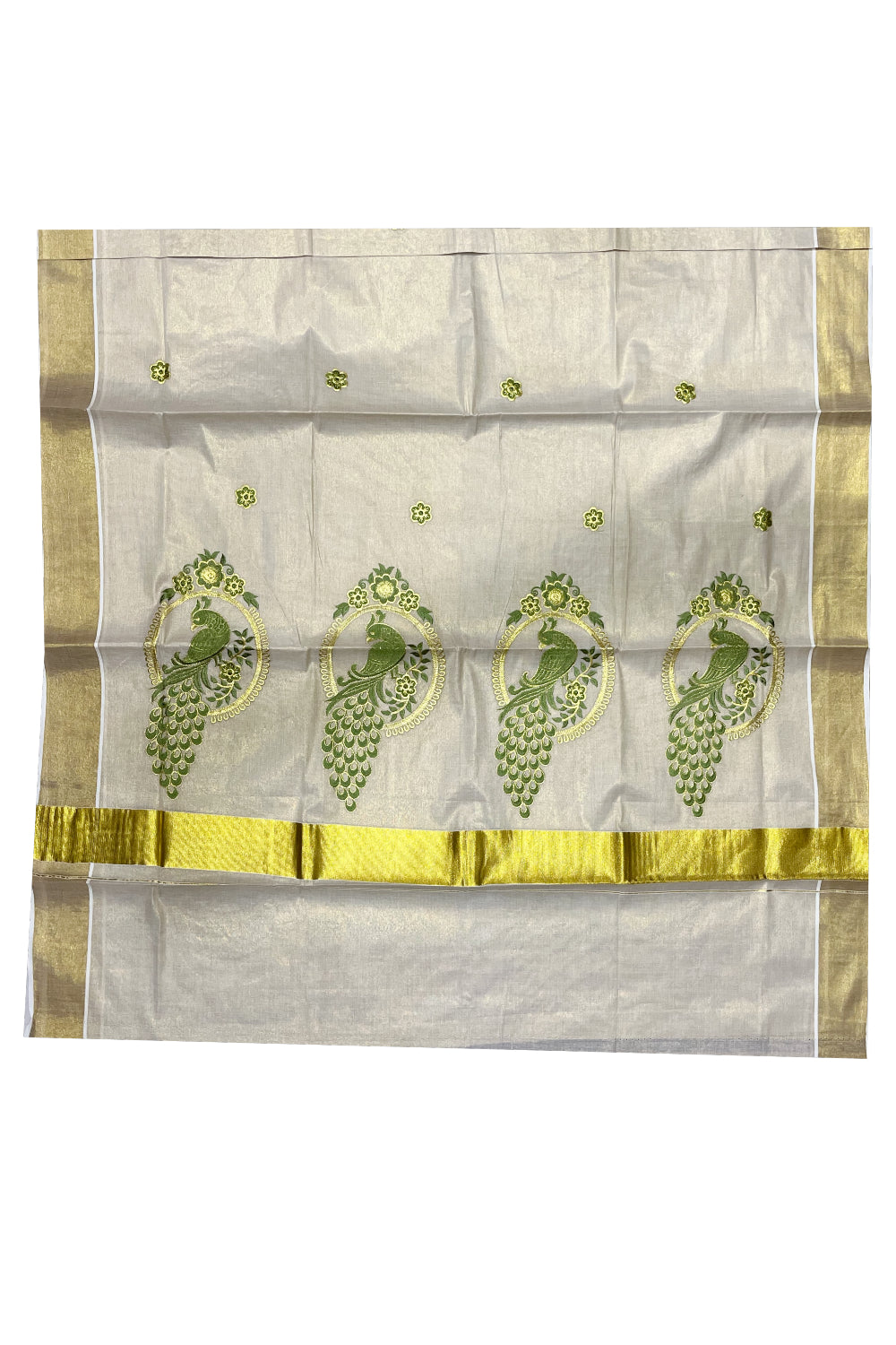 Kerala Tissue Light Green and Golden Peacock Embroidery Work Kasavu Saree (Vishu 2024 Collection)