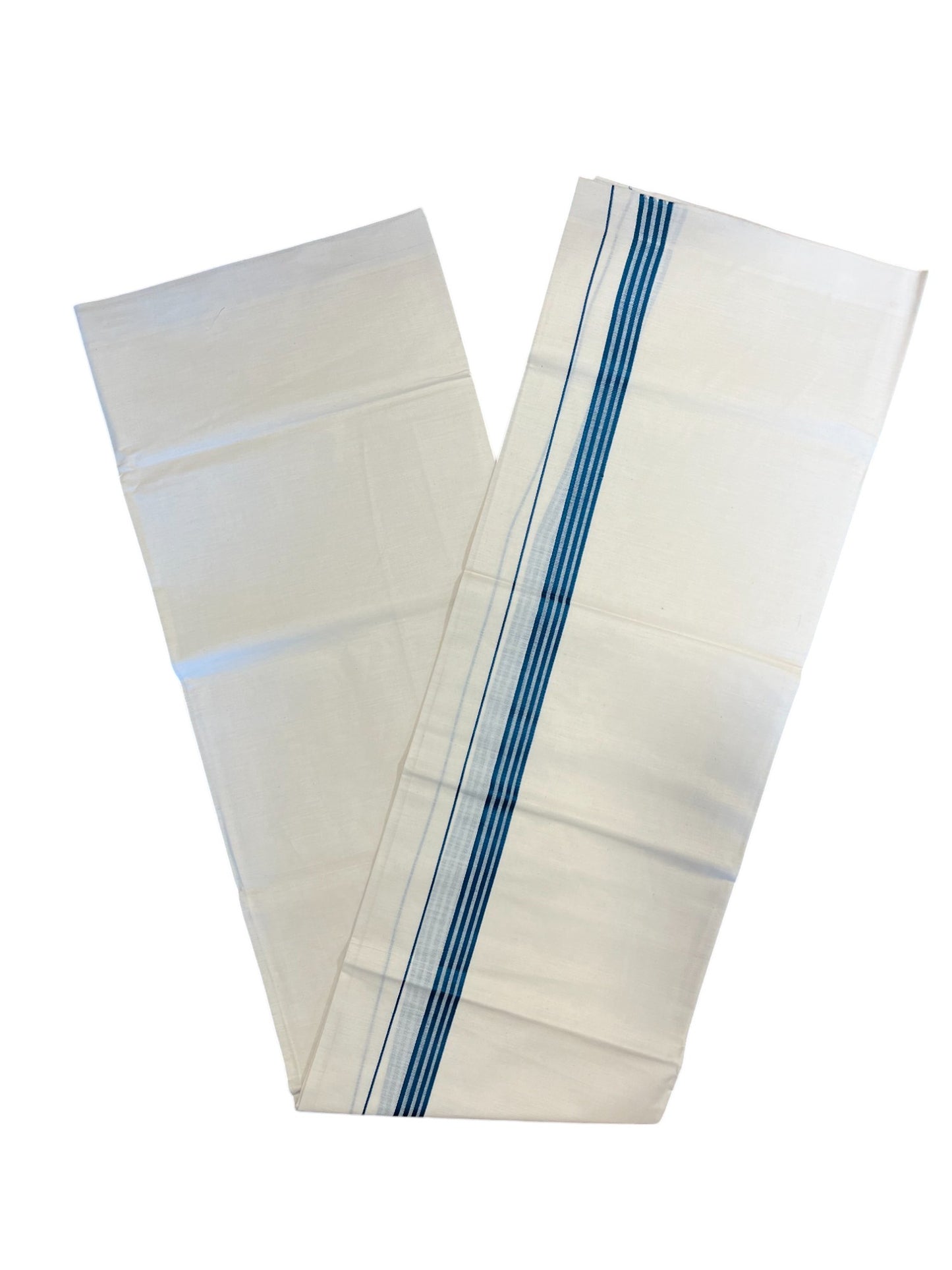 Southloom Off White Single Mundu / Lungi with Blue Lines On Kara (South Indian Kerala Dhoti)