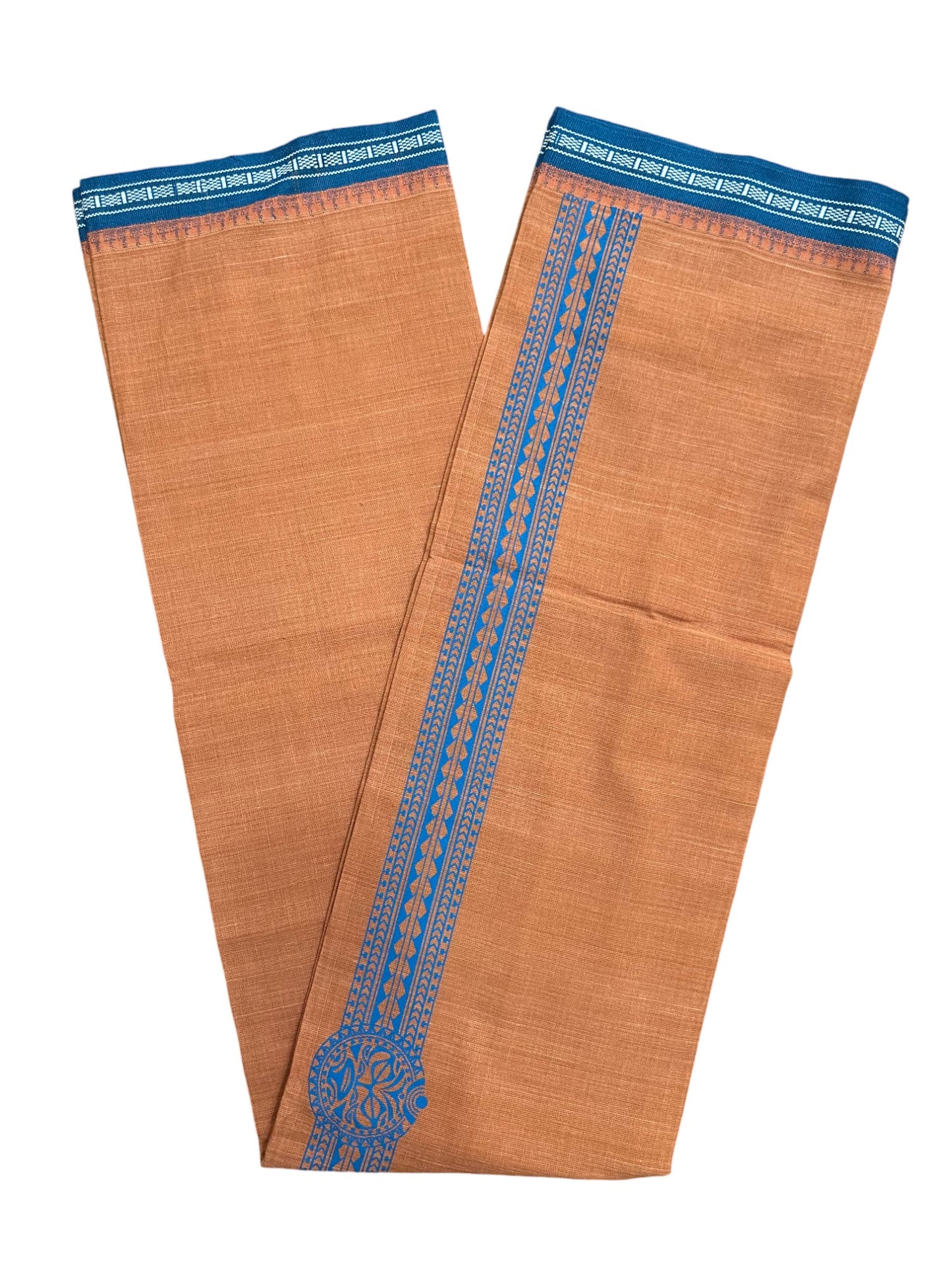 Southloom Saffron (Kaavi) Blue Printed Single Mundu / Lungi (South Indian Kerala Dhoti)