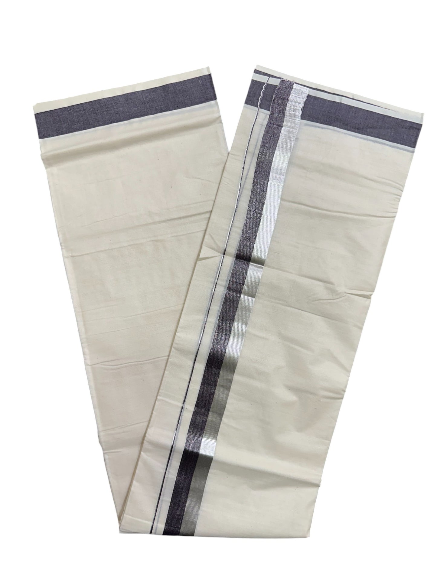 Kerala Pure Cotton Off White Double Mundu with Silver Kasavu And Violet Kara (South Indian Kerala Dhoti)