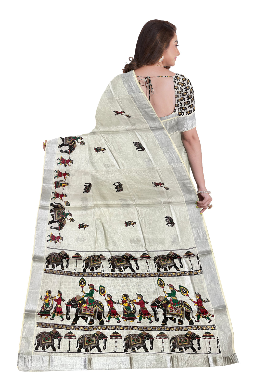 Kerala Silver Tissue Kasavu Saree With Mural Festival Parasol and Elephant Design (include Printed Running Blouse)