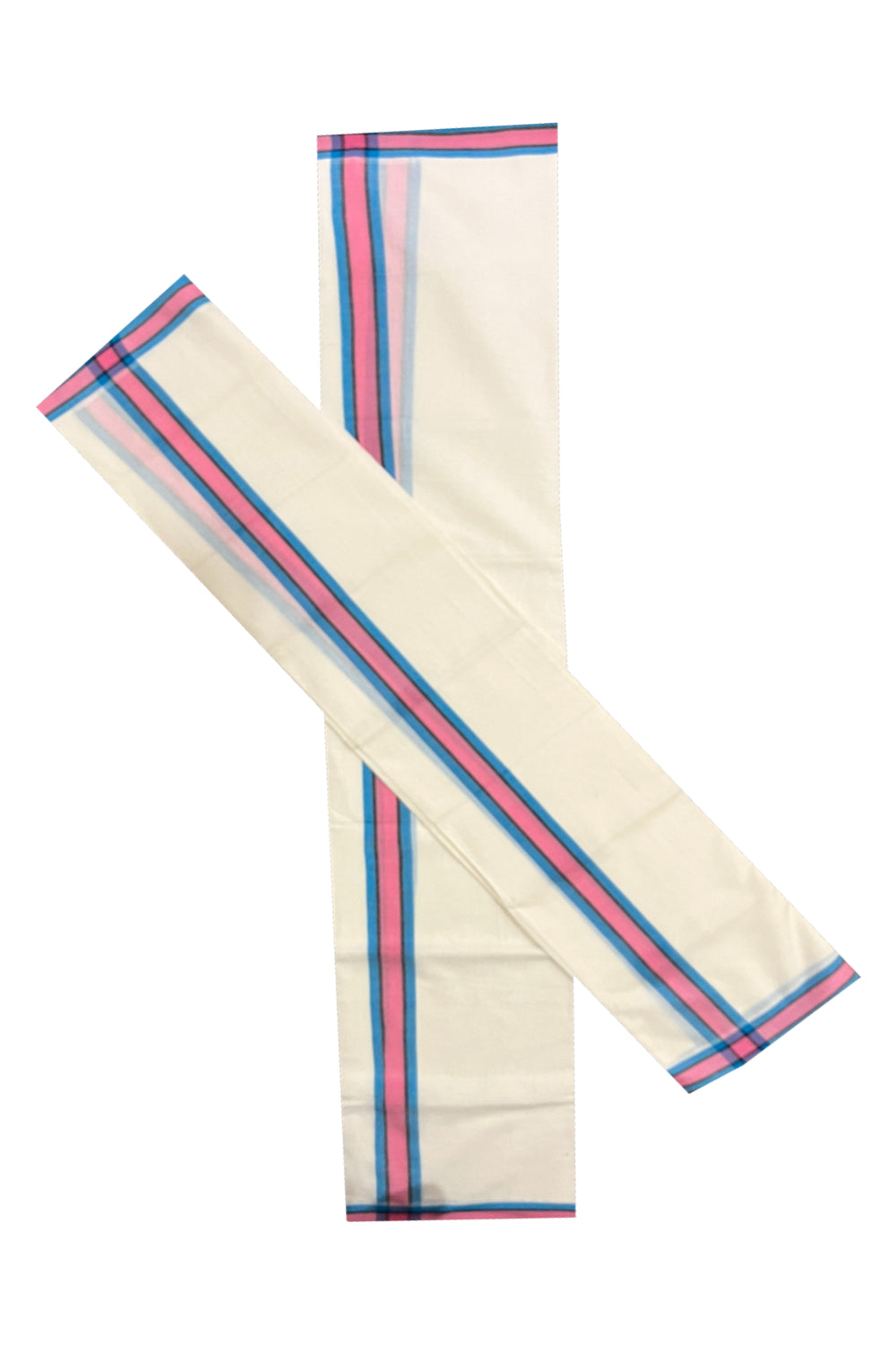 Kerala Cotton Mulloth Single Set Mundu (Mundum Neriyathum) with Blue and Pink Border (Extra Soft Cotton) 2.75 Mtrs