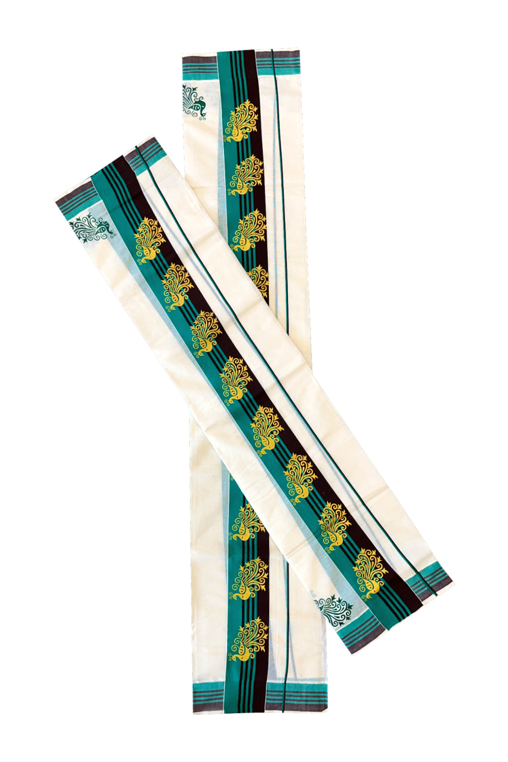 Cotton Single Set Mundu (Mundu Neriyathum) with Peacock Block Prints on Green and Brown Border