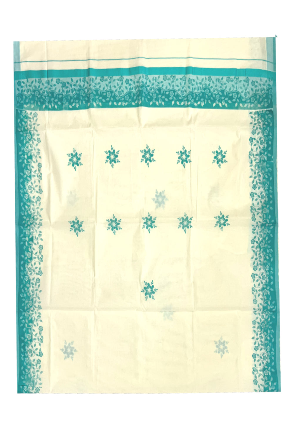 Kerala Cotton Saree with Turquoise Floral Block Prints on Border (Onam Saree 2023)