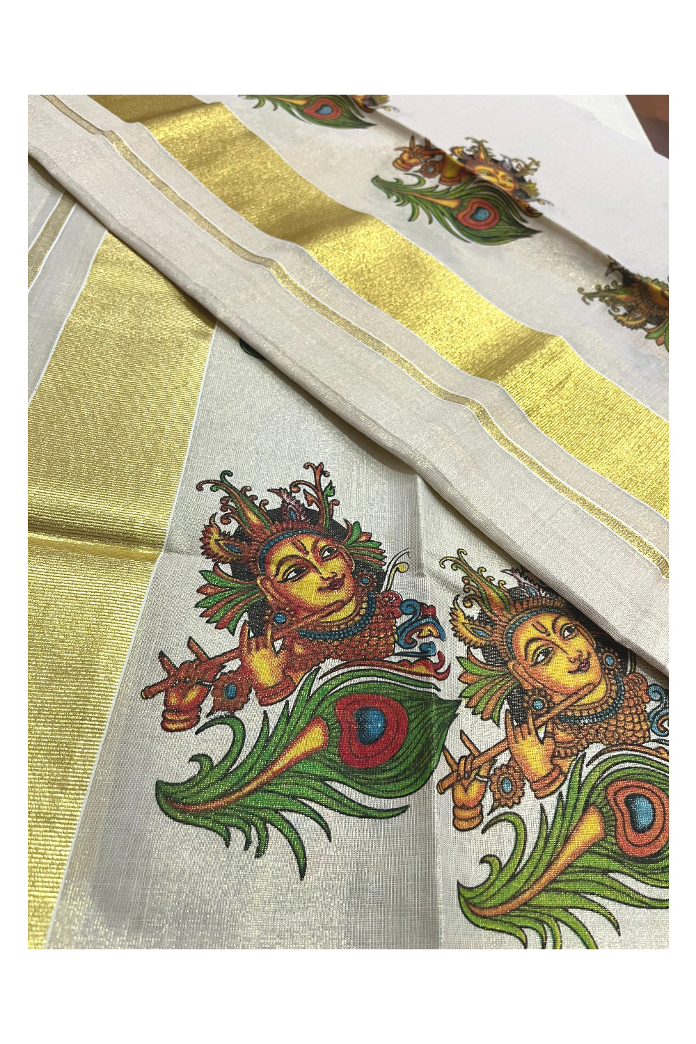 Kerala Tissue Kasavu Set Mundu (Mundum Neriyathum) with Krishna Mural Printed Design (Onam Set Mundu 2023)