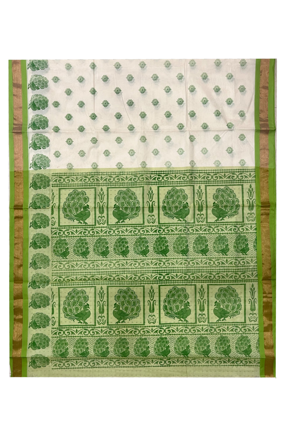 Pure Cotton Kerala Saree with Light Green Block Print Designs and Kasavu Border (Vishu 2024 Collection)