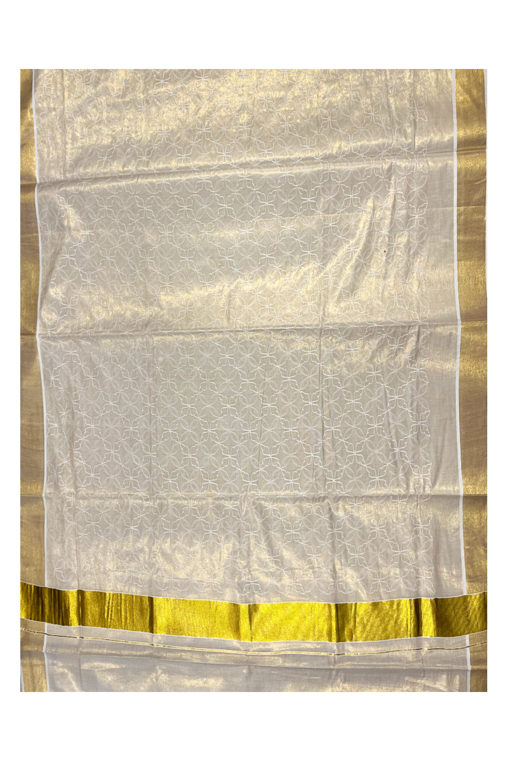 Kerala Tissue Kasavu Saree With White Floral Embroidery Works