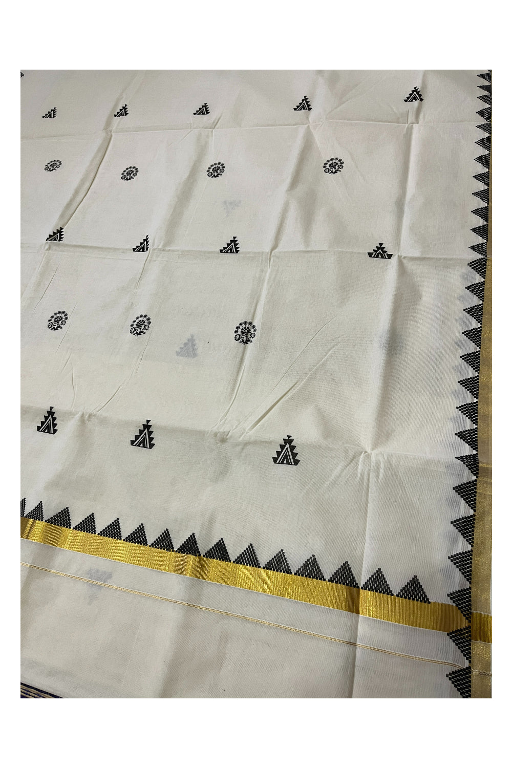 Pure Cotton Kerala Kasavu Saree with Black Temple Block Printed Border