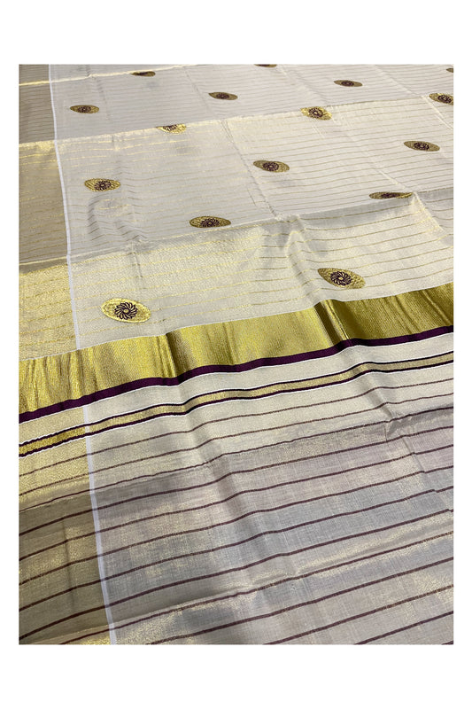 Southlooom Kerala Tissue Kasavu Lines Violet Colour Saree with Heavy Woven Designs