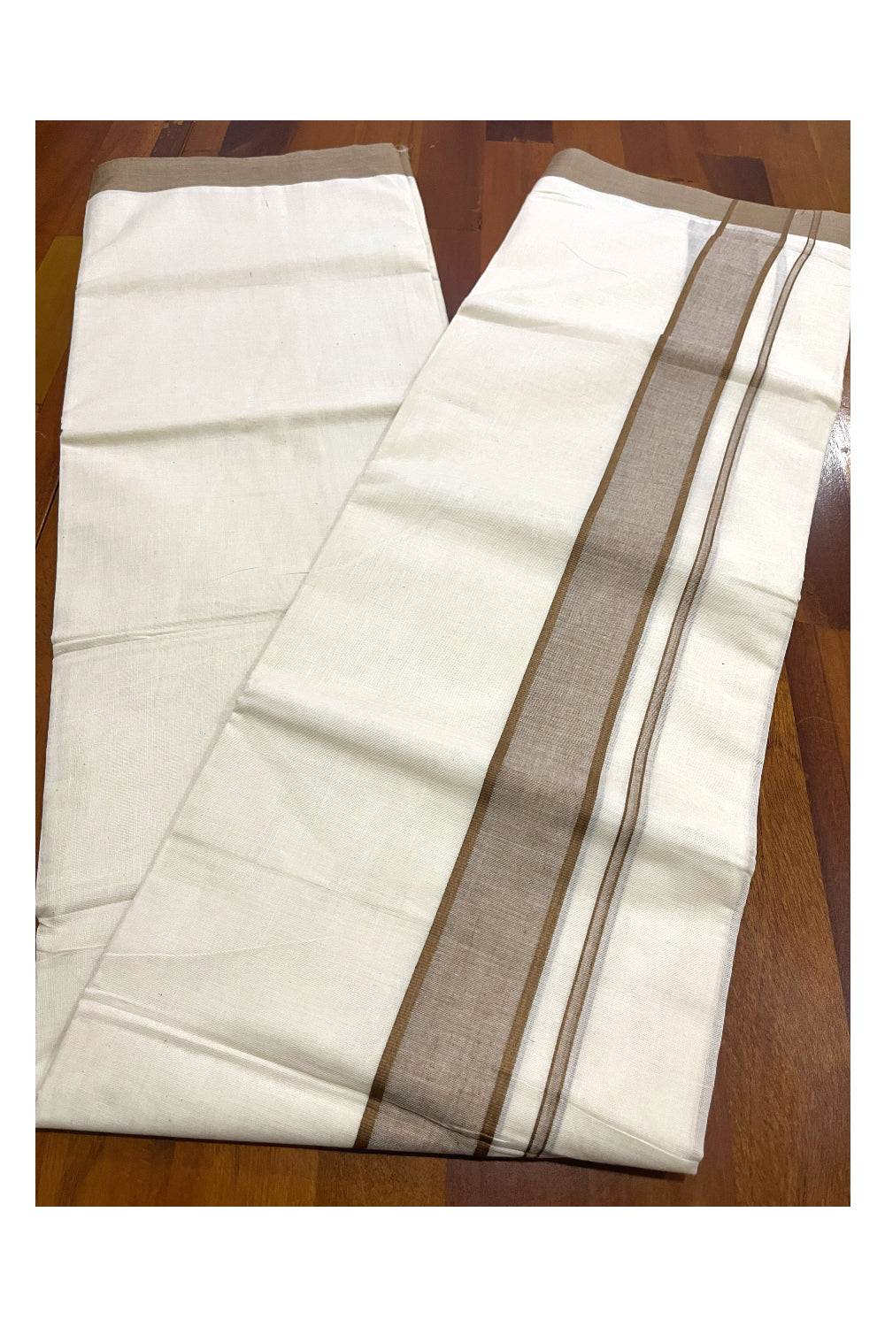 Off White Kerala Double Mundu with Brown Kara (South Indian Dhoti)