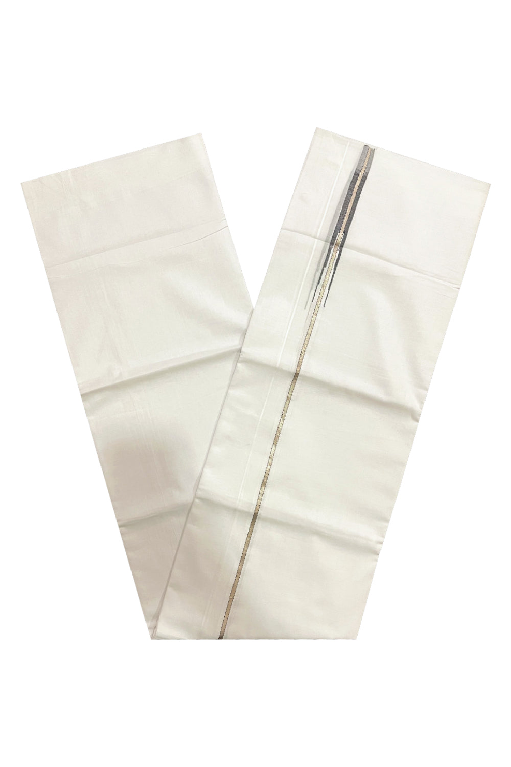 Pure White Cotton Double Mundu with Silver Blue Chutti Kara (South Indian Kerala Dhoti)