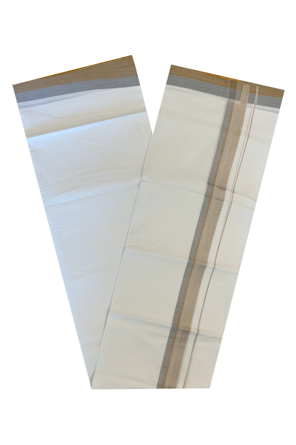 Pure White Cotton Double Mundu with Brown And Grey Border (South Indian Dhoti)