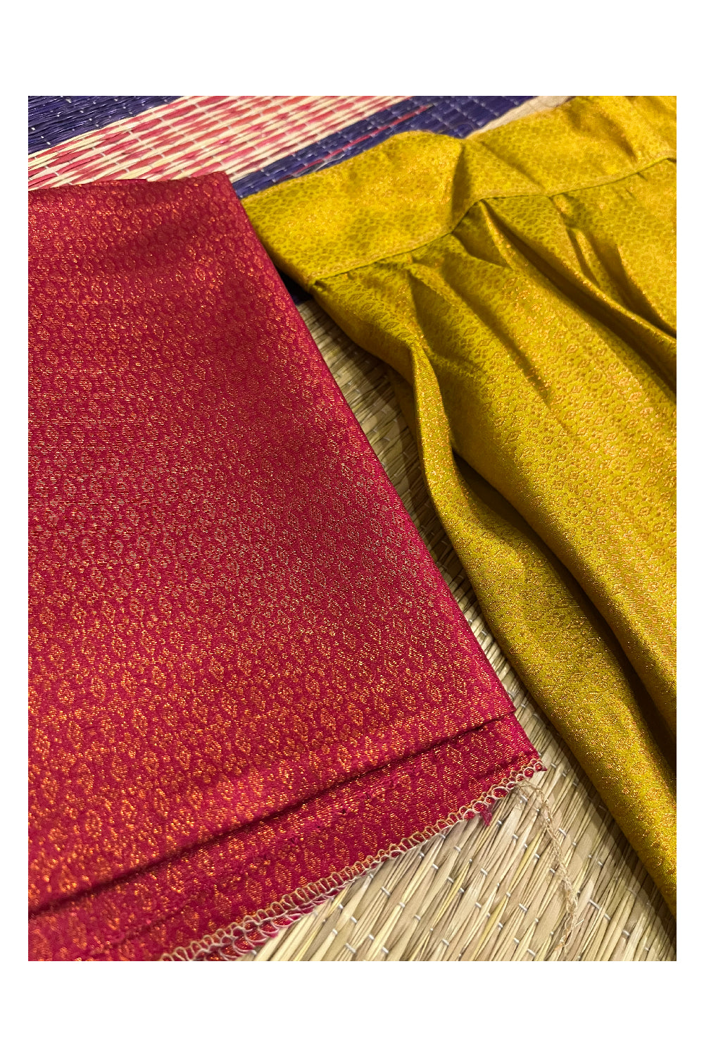 Semi Stitched Premium Semi SIlk Golden Yellow Dhavani Set with Red Neriyathu and Blouse Piece