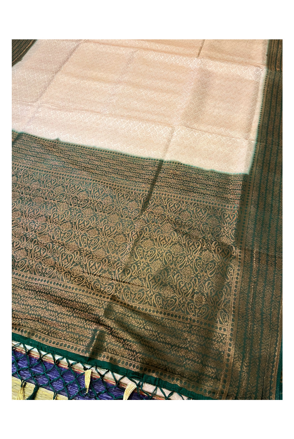 Southloom Soft Silk Beige Designer Saree with Dark Green Border