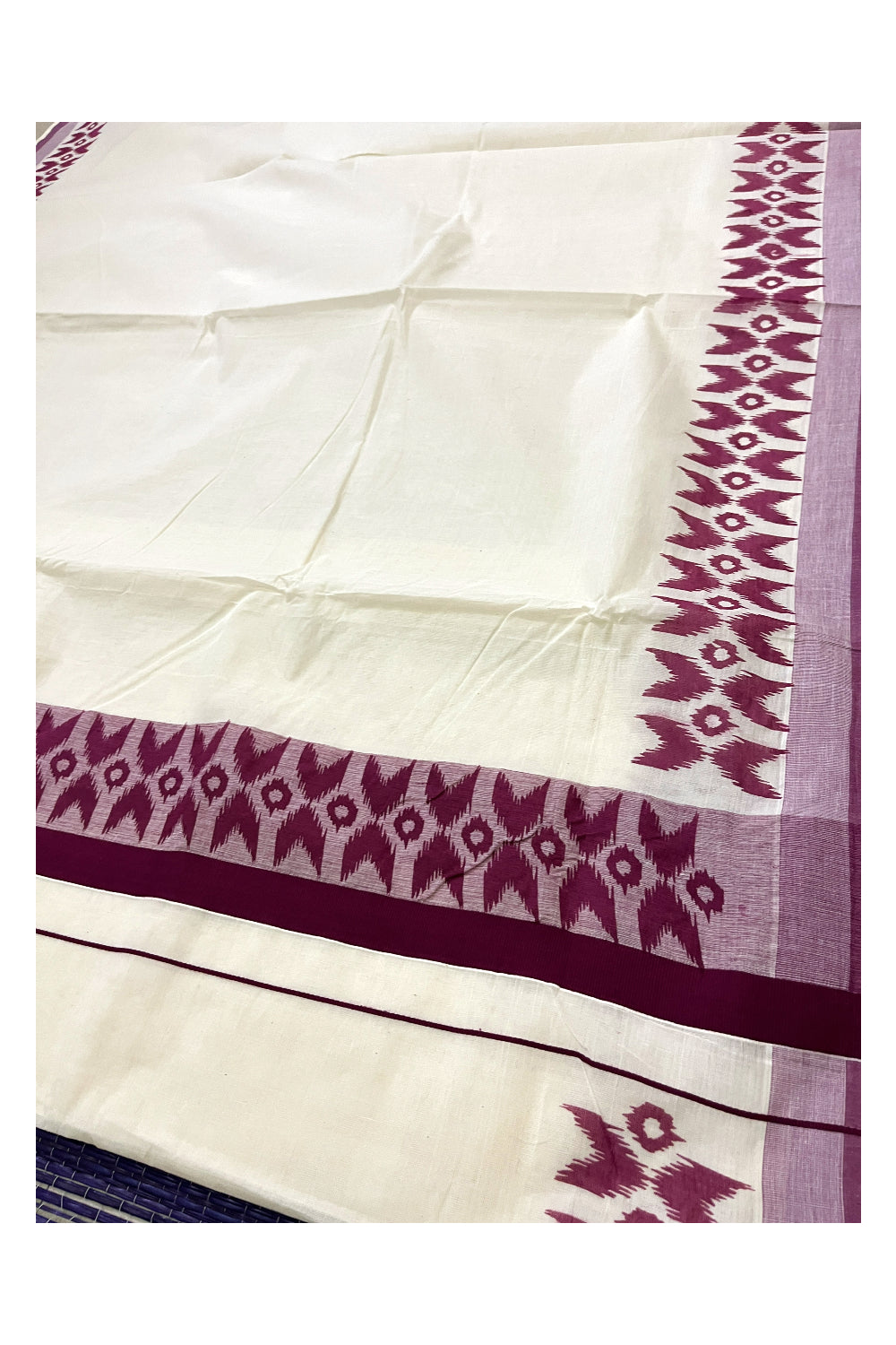 Pure Cotton Kerala Saree with Purple Block Printed Border