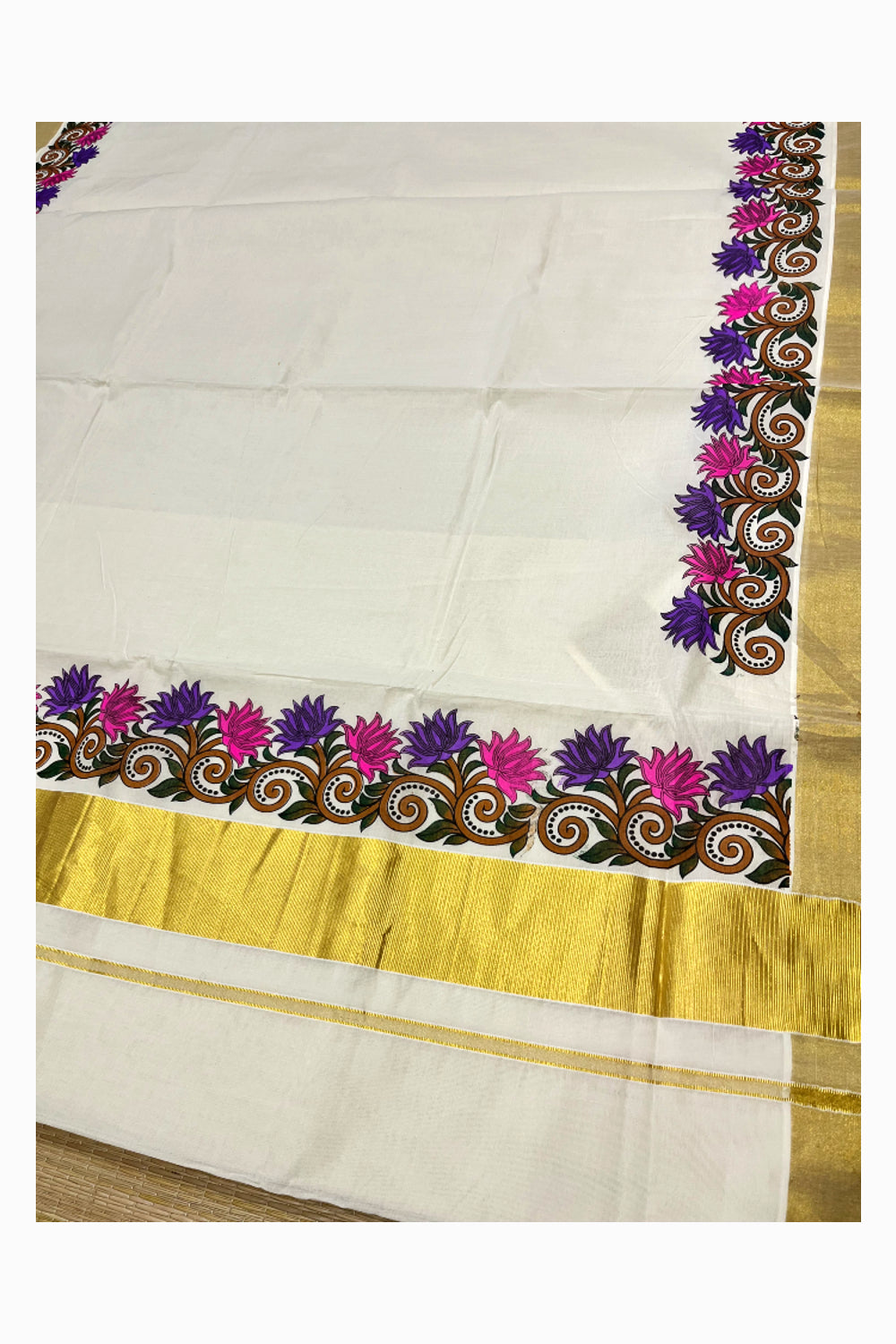 Pure Cotton Kerala Kasavu Saree with Violet And Pink Floral Block Prints with Kasavu Border (Vishu 2024 Collection)