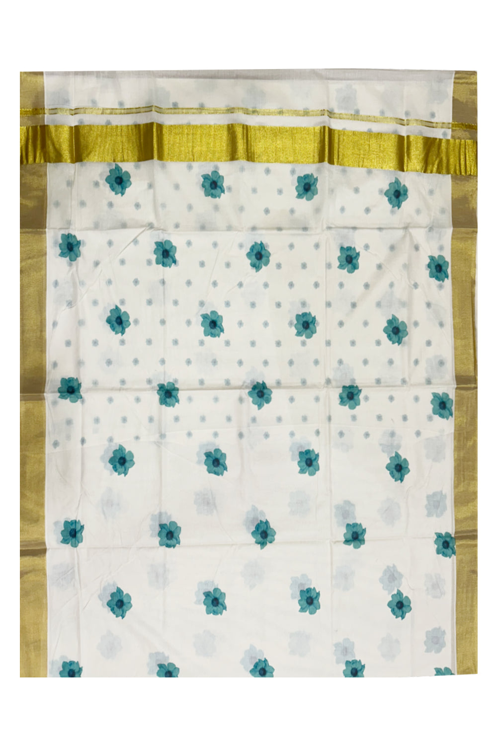 Southloom Exclusive Onam Kasavu Saree with Small Turquoise Floral High Quality Digital Print Across Body (Matching Printed Blouse Included)