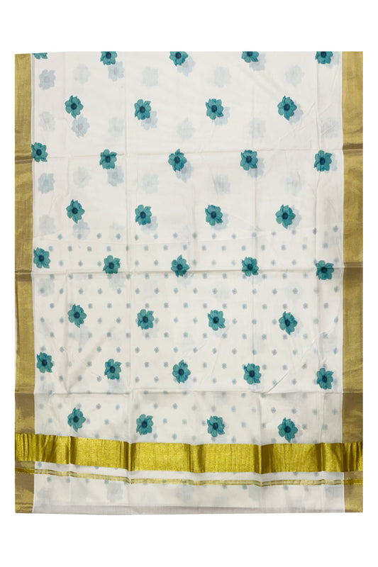 Southloom Exclusive Onam Kasavu Saree with Small Turquoise Floral High Quality Digital Print Across Body (Matching Printed Blouse Included)