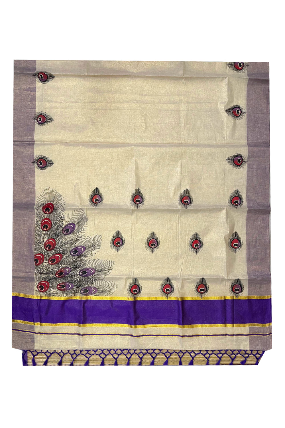 Kerala Tissue Kasavu Saree with Feather Block Prints and Violet Border (Onam Saree 2023)