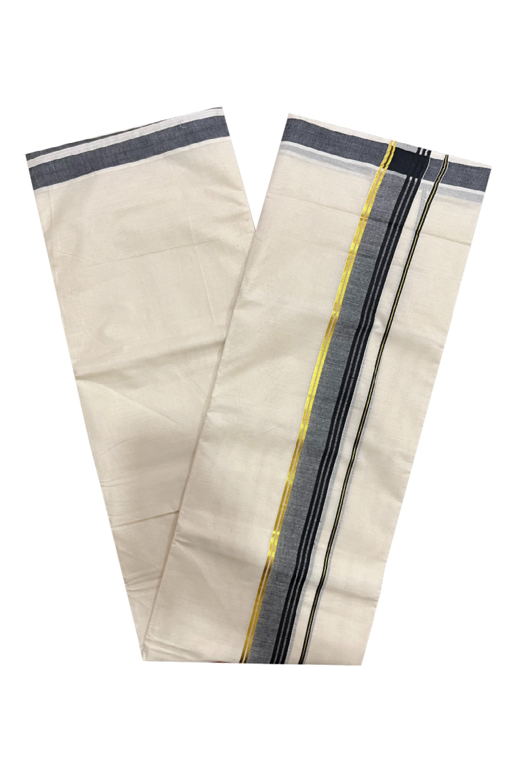 Pure Cotton Kerala Double Mundu with Black and Kasavu Kara (South Indian Kerala Dhoti)