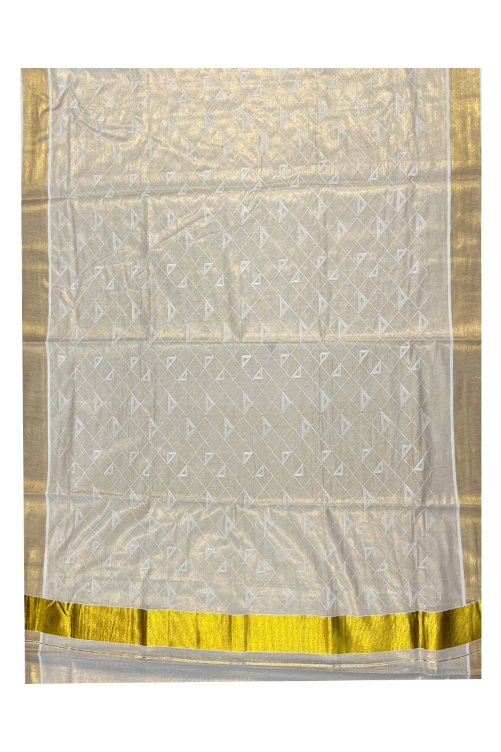 Kerala Tissue Kasavu Saree With White Floral Embroidery Works