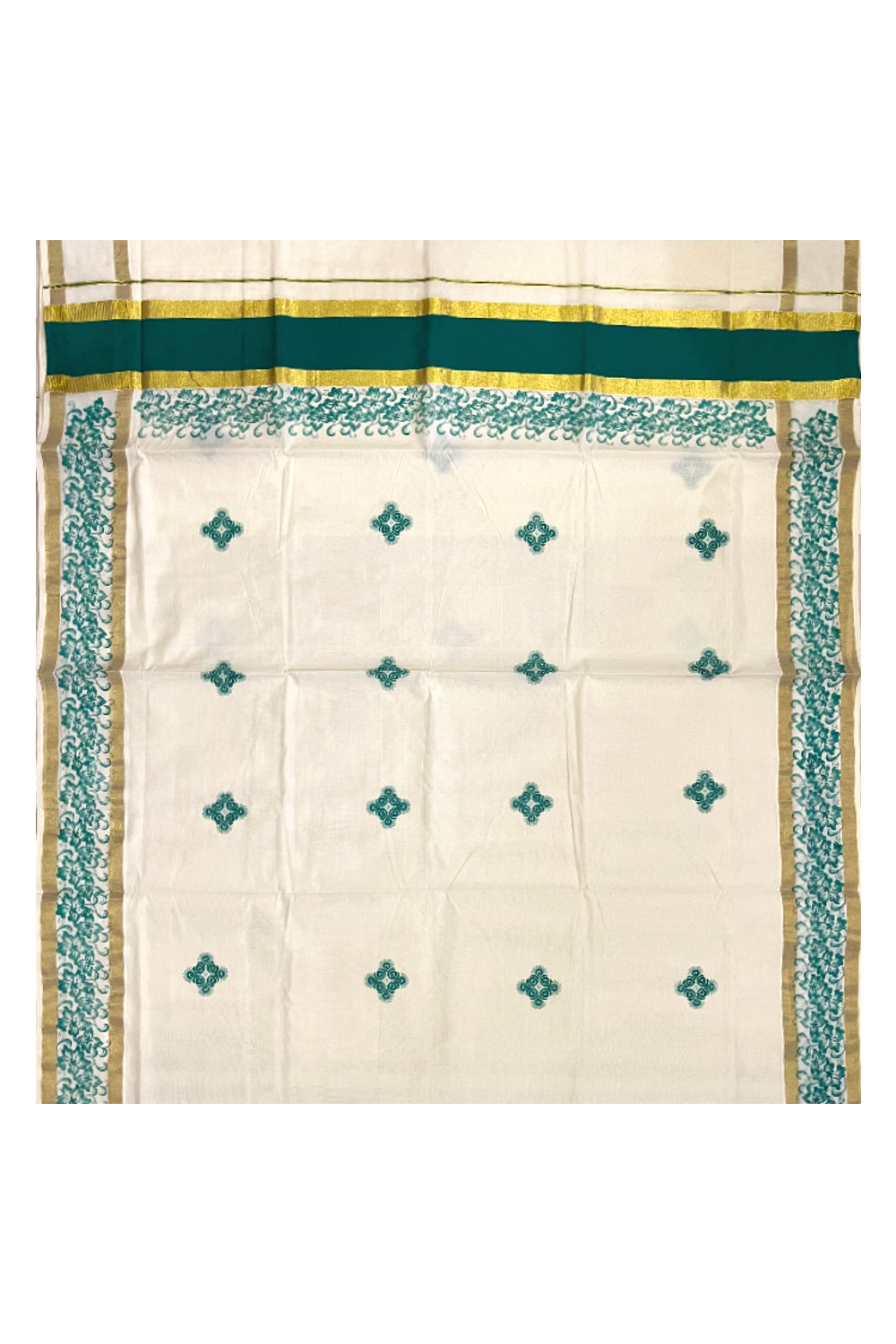 Pure Cotton Kerala Saree with Green Floral Block Printed Kasavu Border