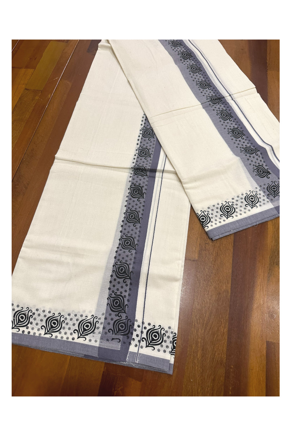 Kerala Cotton Set Mundu (Mundum Neriyathum) with Block Prints on Grey Border (Onam Set Mundu 2023)