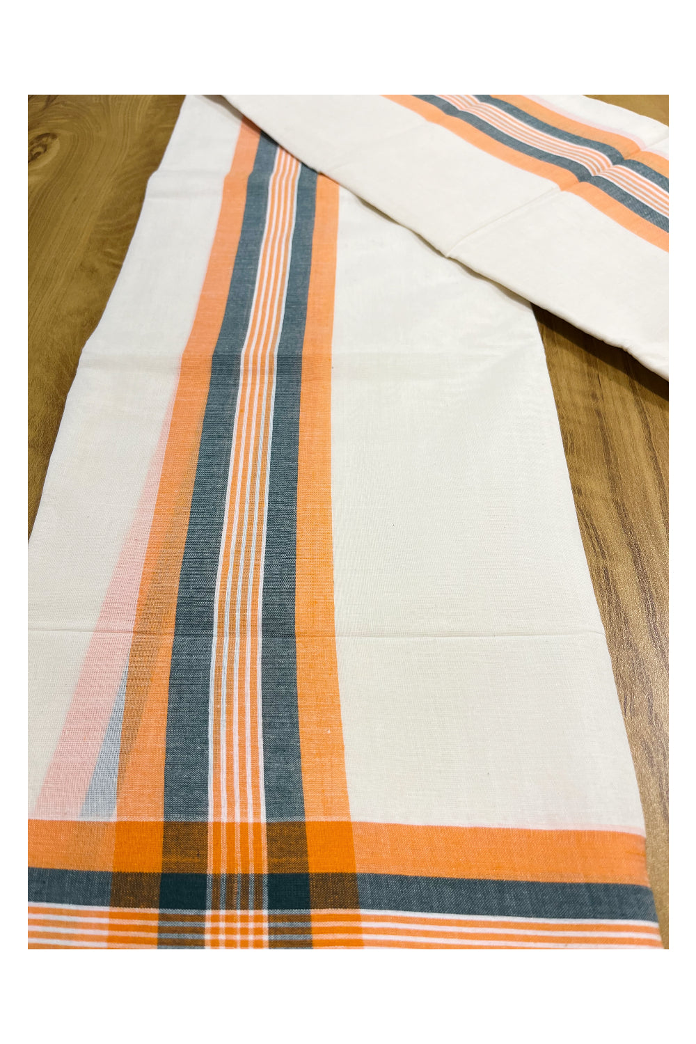 Pure Cotton Mundum Neriyathum (Set Mundu) with Orange and Green Border