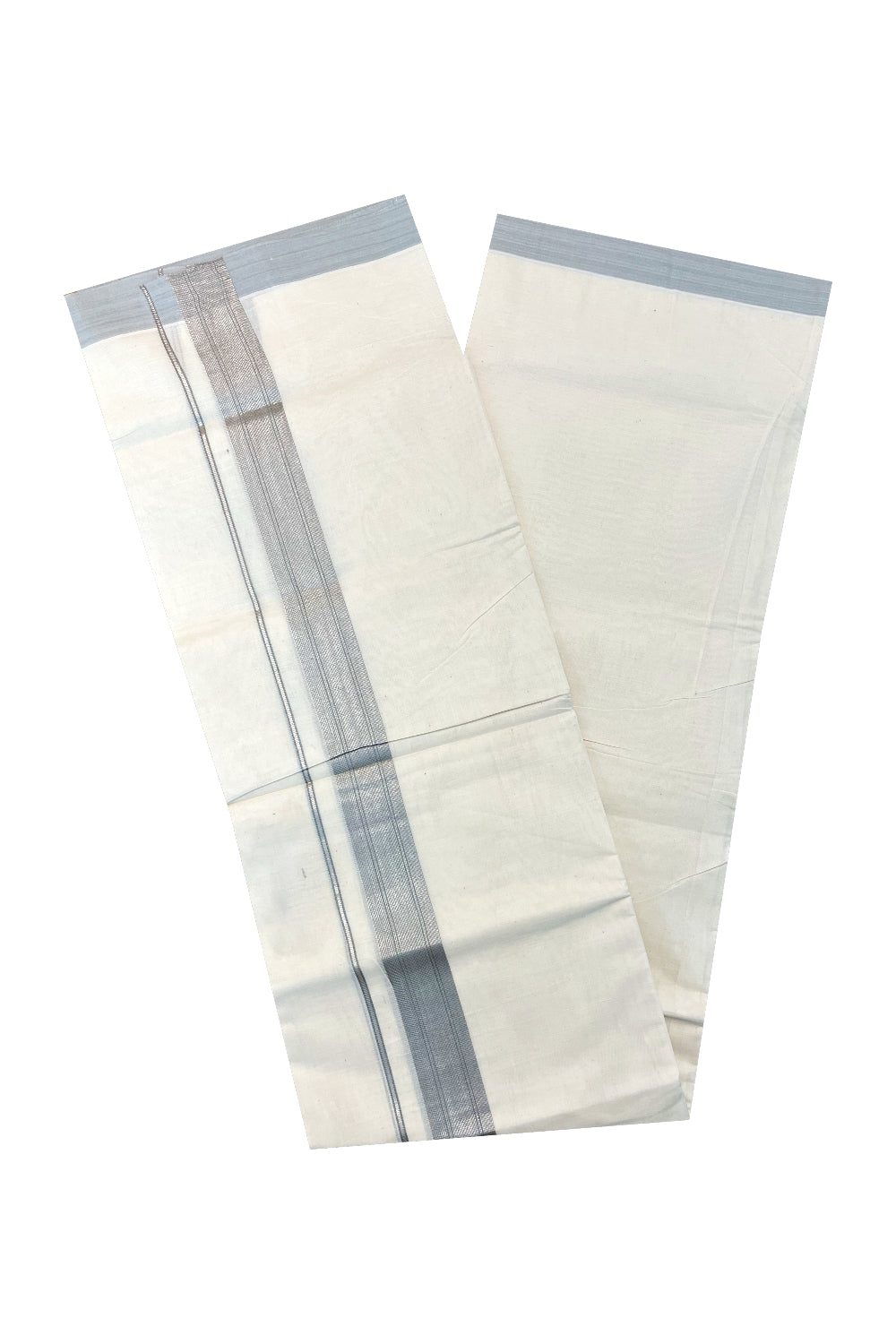 Pure Cotton Off White Double Mundu with Silver Kasavu and Grey Kara (South Indian Kerala Dhoti)