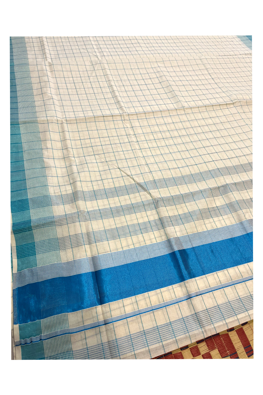 Pure Cotton Kerala Saree with Blue Kasavu Check Designs Across Body