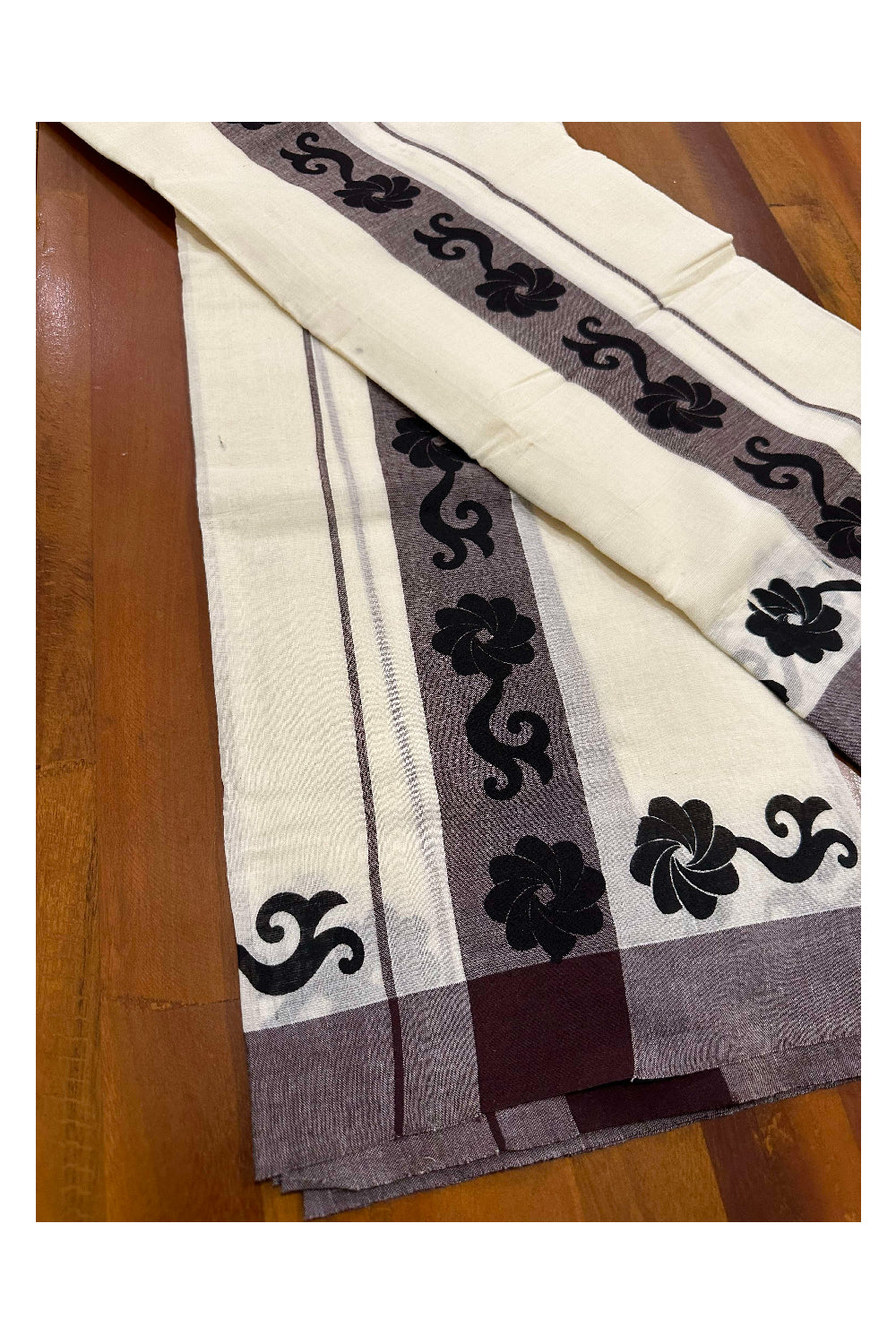 Kerala Cotton Single Set Mundu (Mundum Neriyathum) with Block Prints on Brown Border (Onam set Mundu 2023)