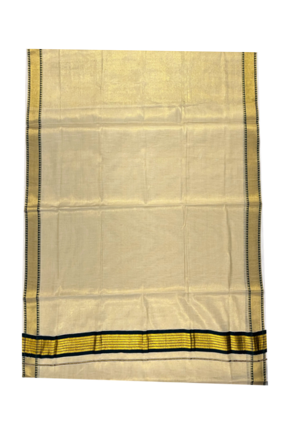 Kerala Tissue Kasavu Saree With Green Temple Woven Works on Border