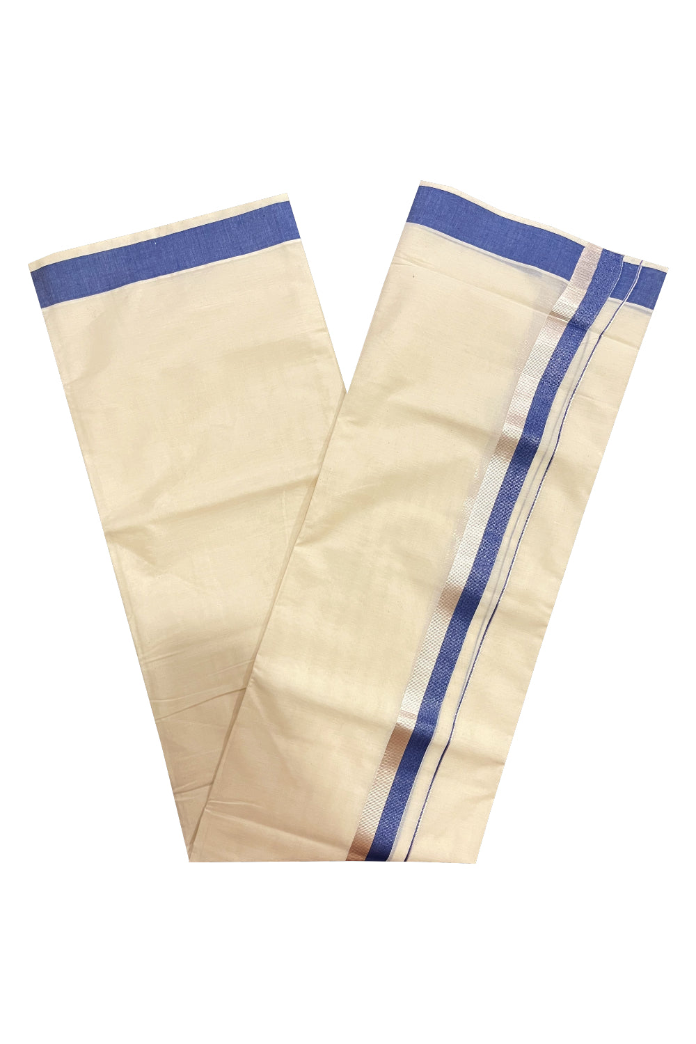 Kerala Cotton Double Mundu with Blue and Silver Kasavu Border (Onam Mundu 2023)