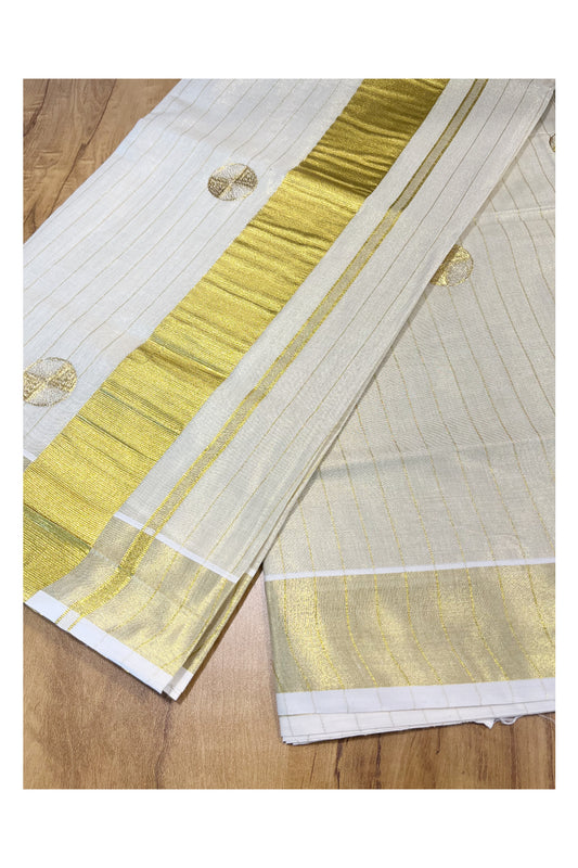 Kerala Tissue Kasavu Lines Saree with Golden  Polka works across the Body