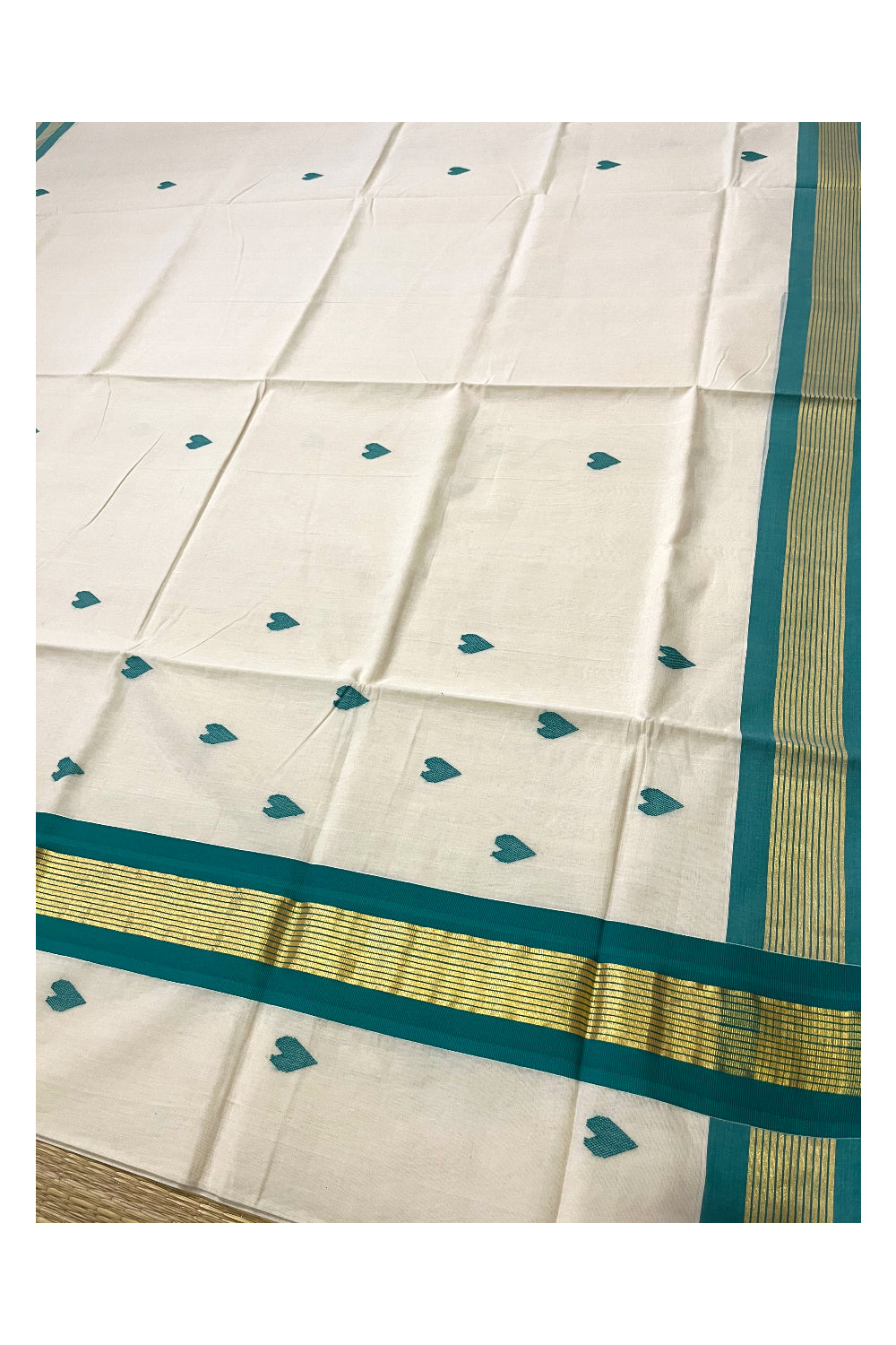 Southloom Premium Unakkupaavu Handloom Cotton Butta Work Saree with Kasavu and Green Border