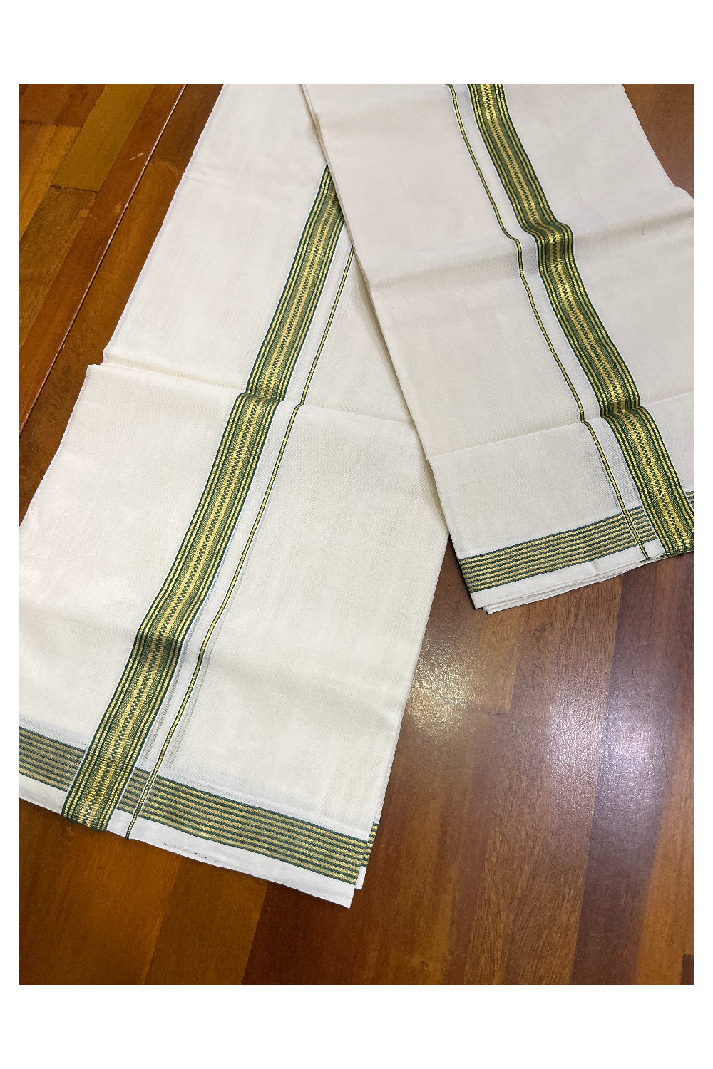 Southloom Premium Handloom Set Mundu with Kasavu and Green Border (Vishu 2024 Collection)