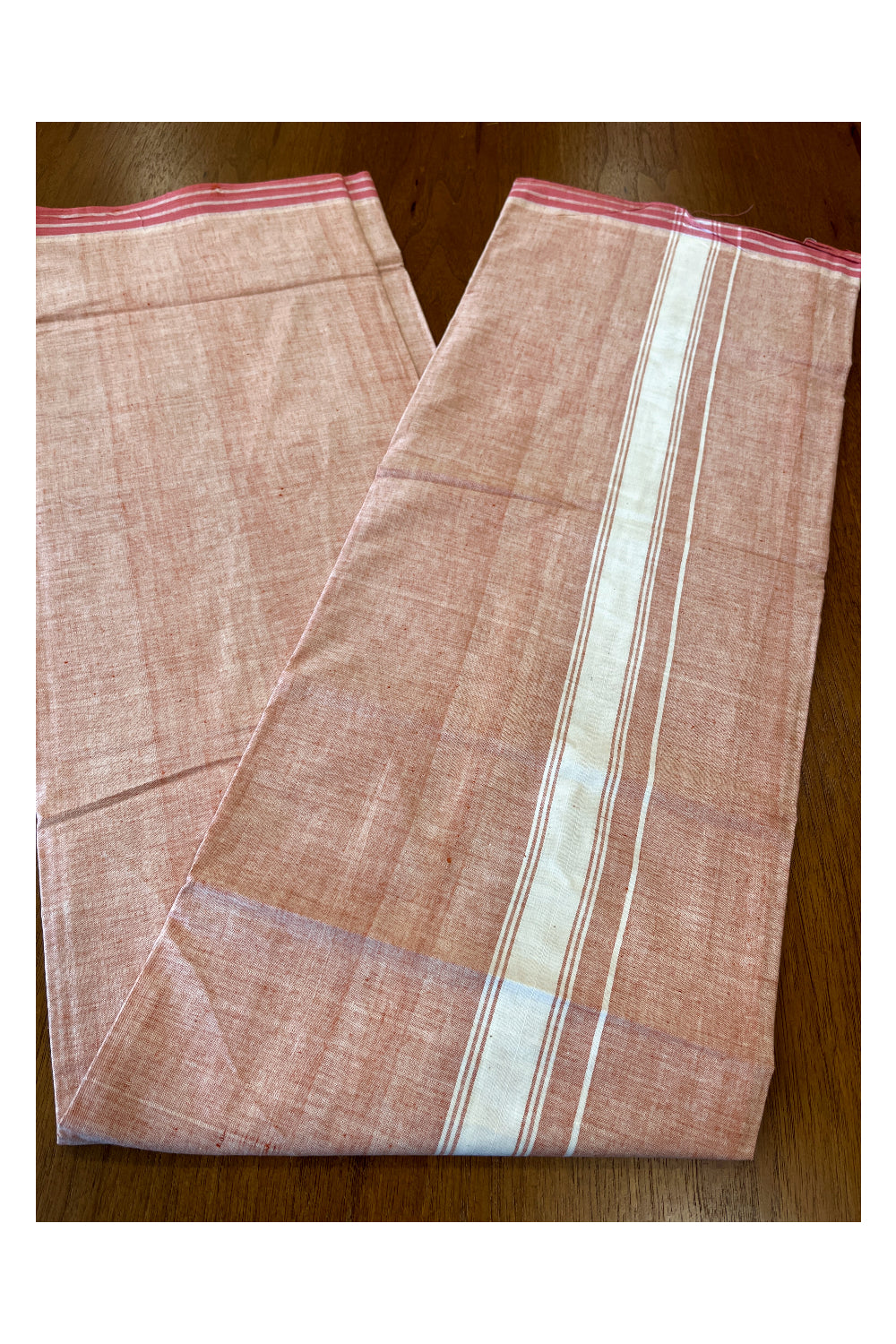 Southloom Premium Handloom Red Shaded Solid Single Mundu (Lungi) with White Border (South Indian Kerala Dhoti)