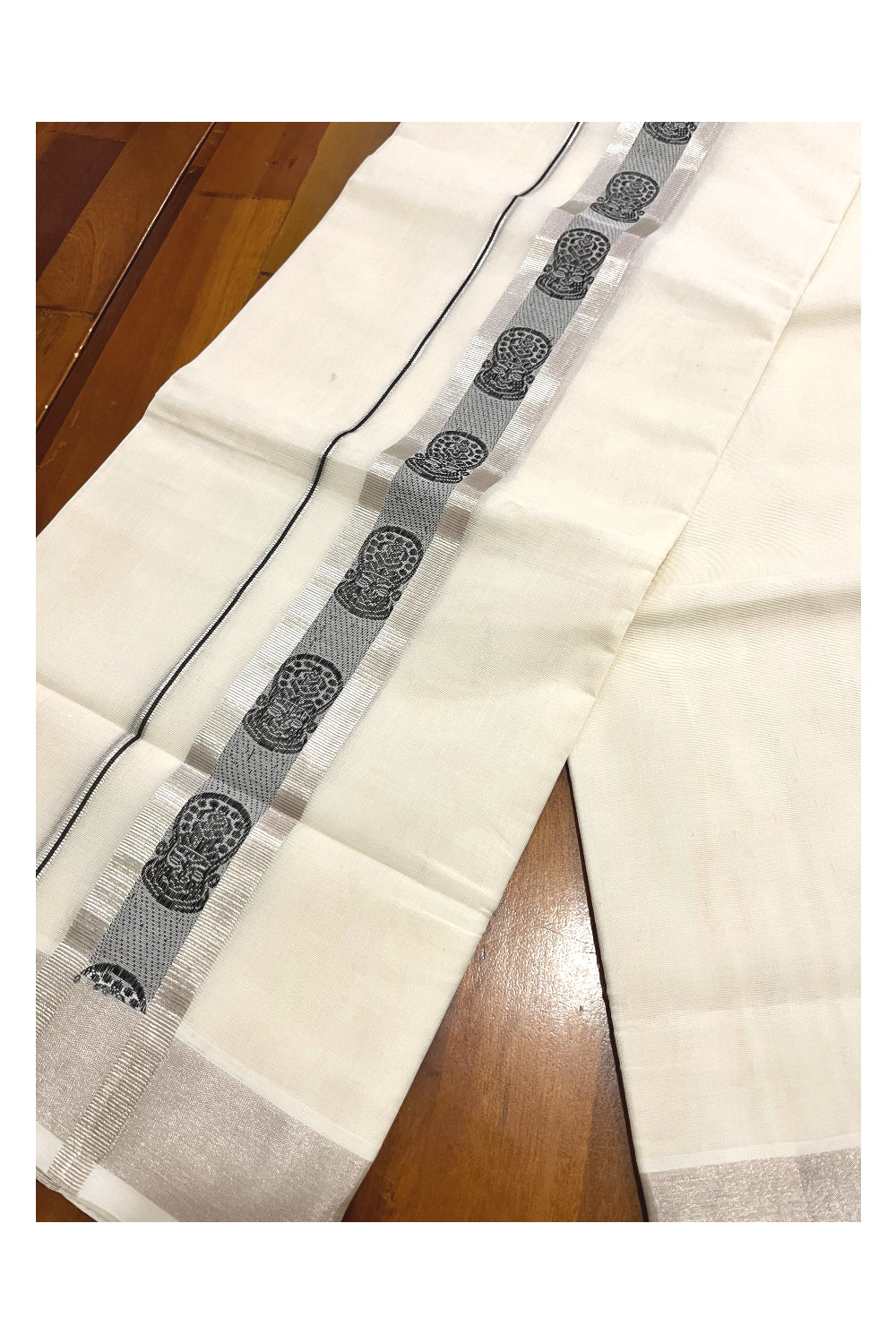 Southloom Premium Wedding Handloom Cotton Mundu with Black and Silver Kasavu Woven Border (South Indian Kerala Dhoti)