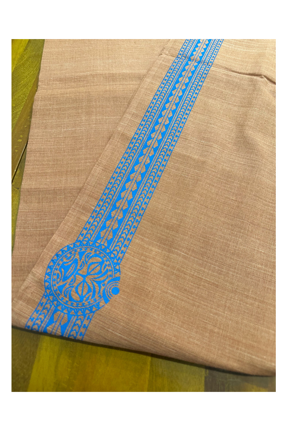 Southloom Saffron (Kaavi) Blue Printed Single Mundu / Lungi (South Indian Kerala Dhoti)