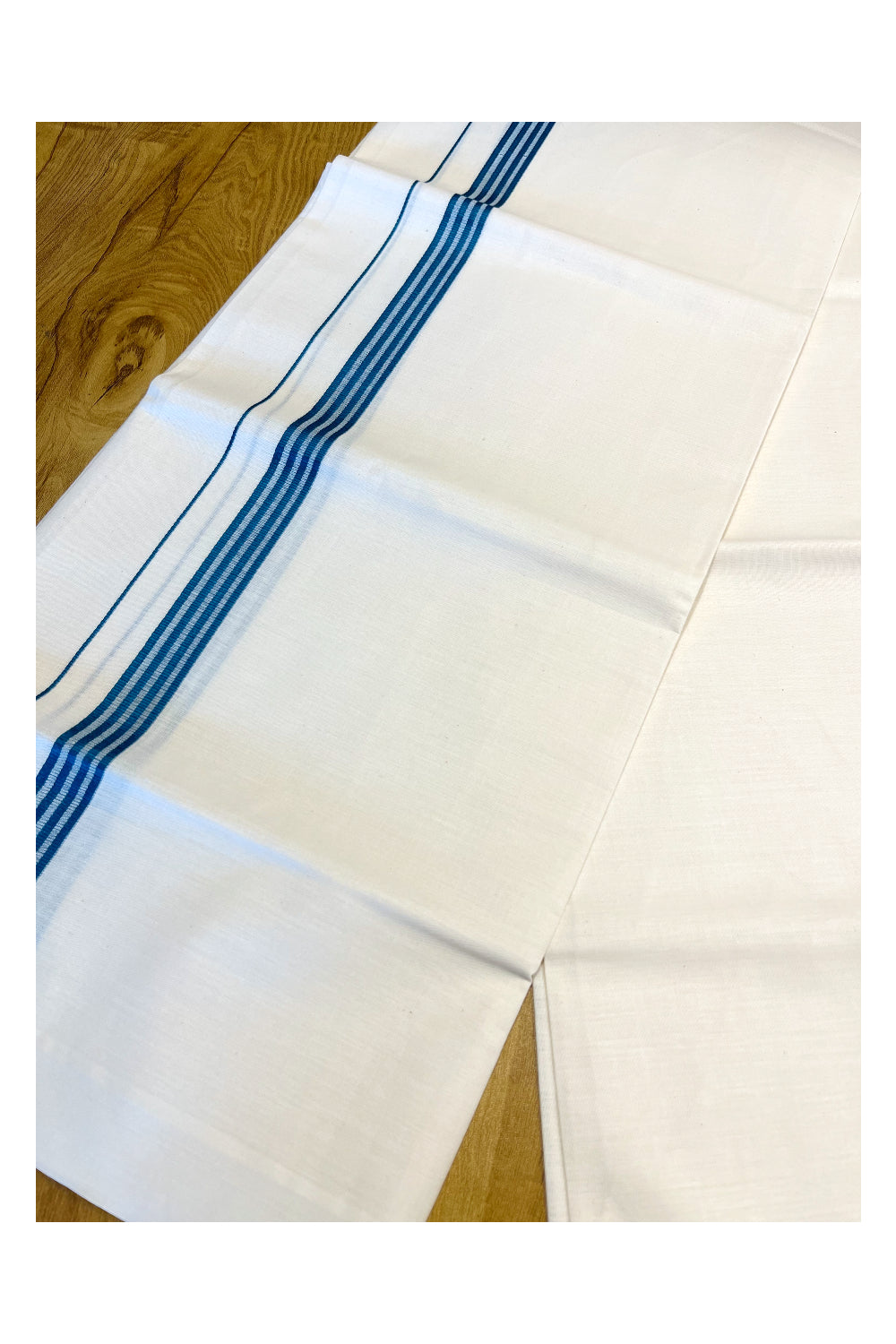 Southloom Off White Single Mundu / Lungi with Blue Lines On Kara (South Indian Kerala Dhoti)