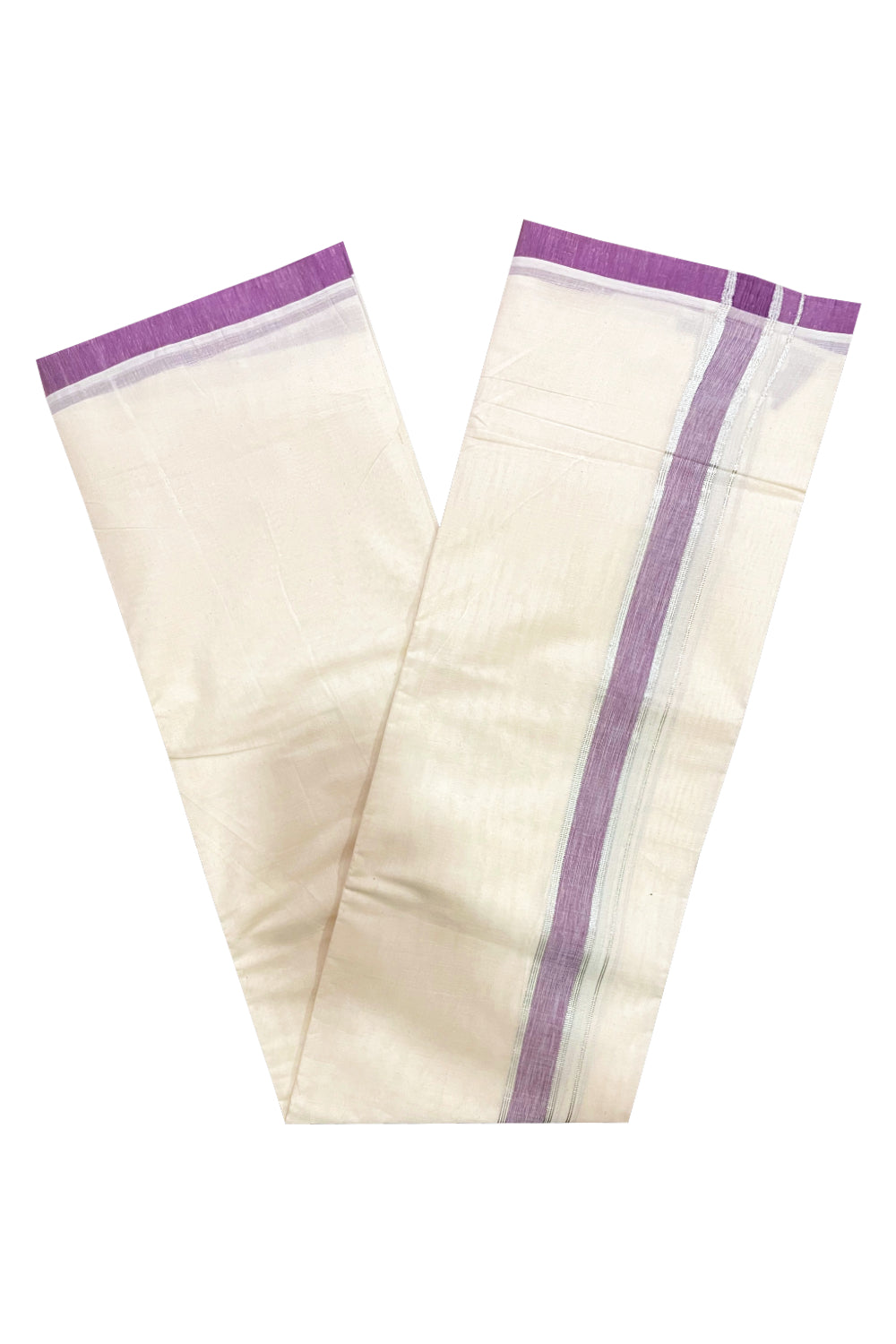 Cotton Double Mundu with Purple and Silver Kasavu Kara (South Indian Kerala Dhoti)