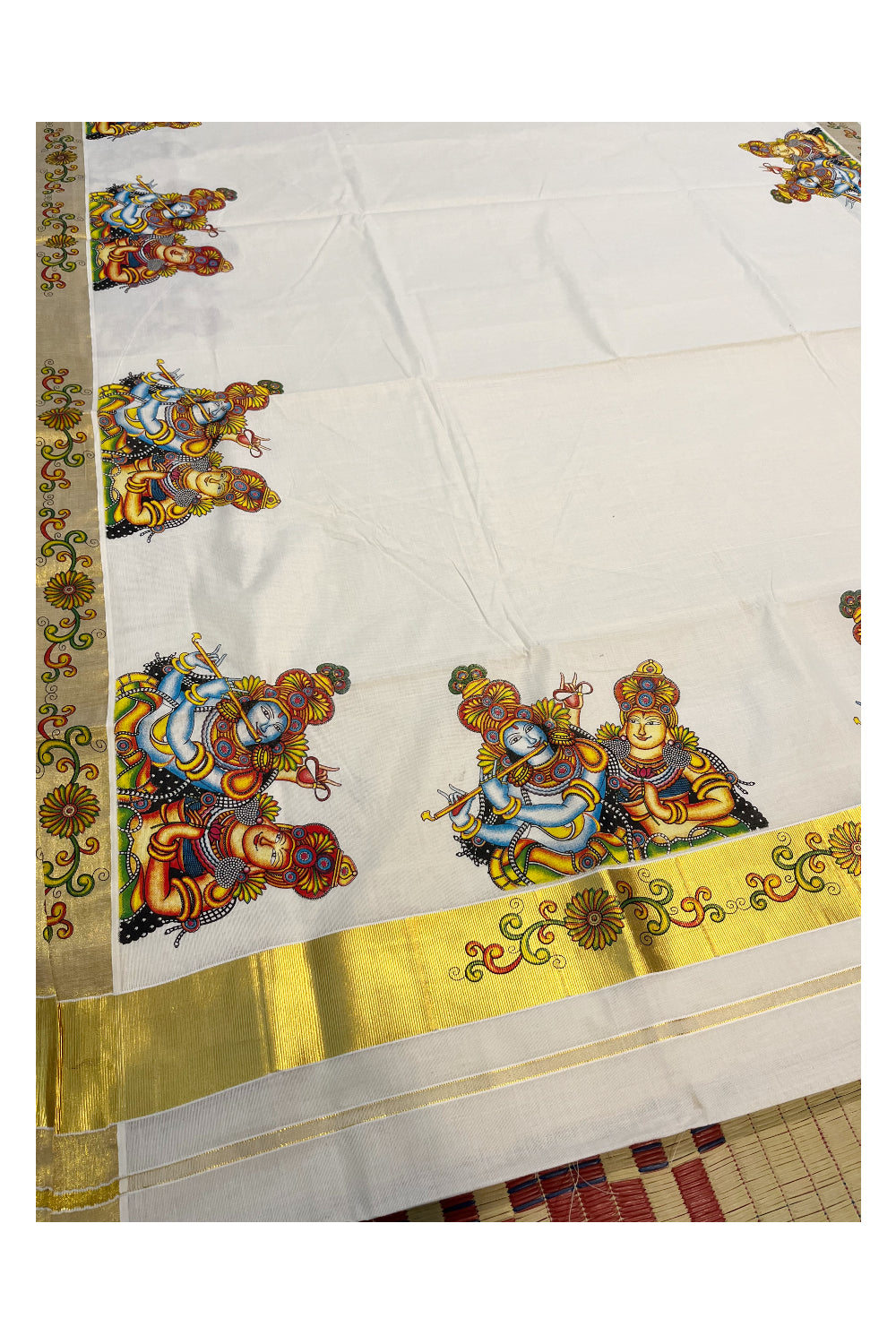 Pure Cotton Kerala Kasavu Saree with Krishna Radha Mural Printed Art Design and Printed Border