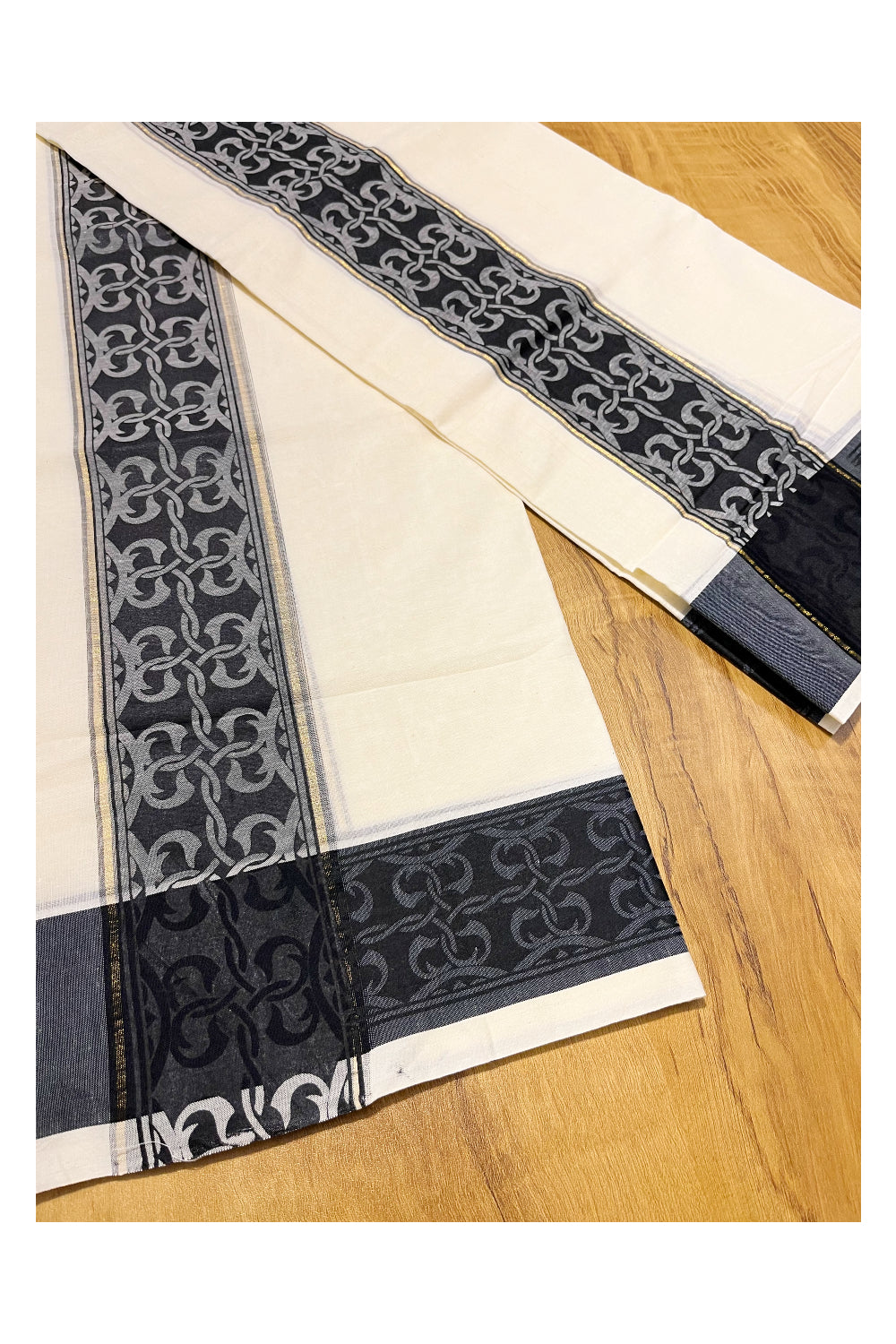 Kerala Cotton Single Set Mundu (Mundum Neriyathum) with Black Block print Border 2.80Mtrs