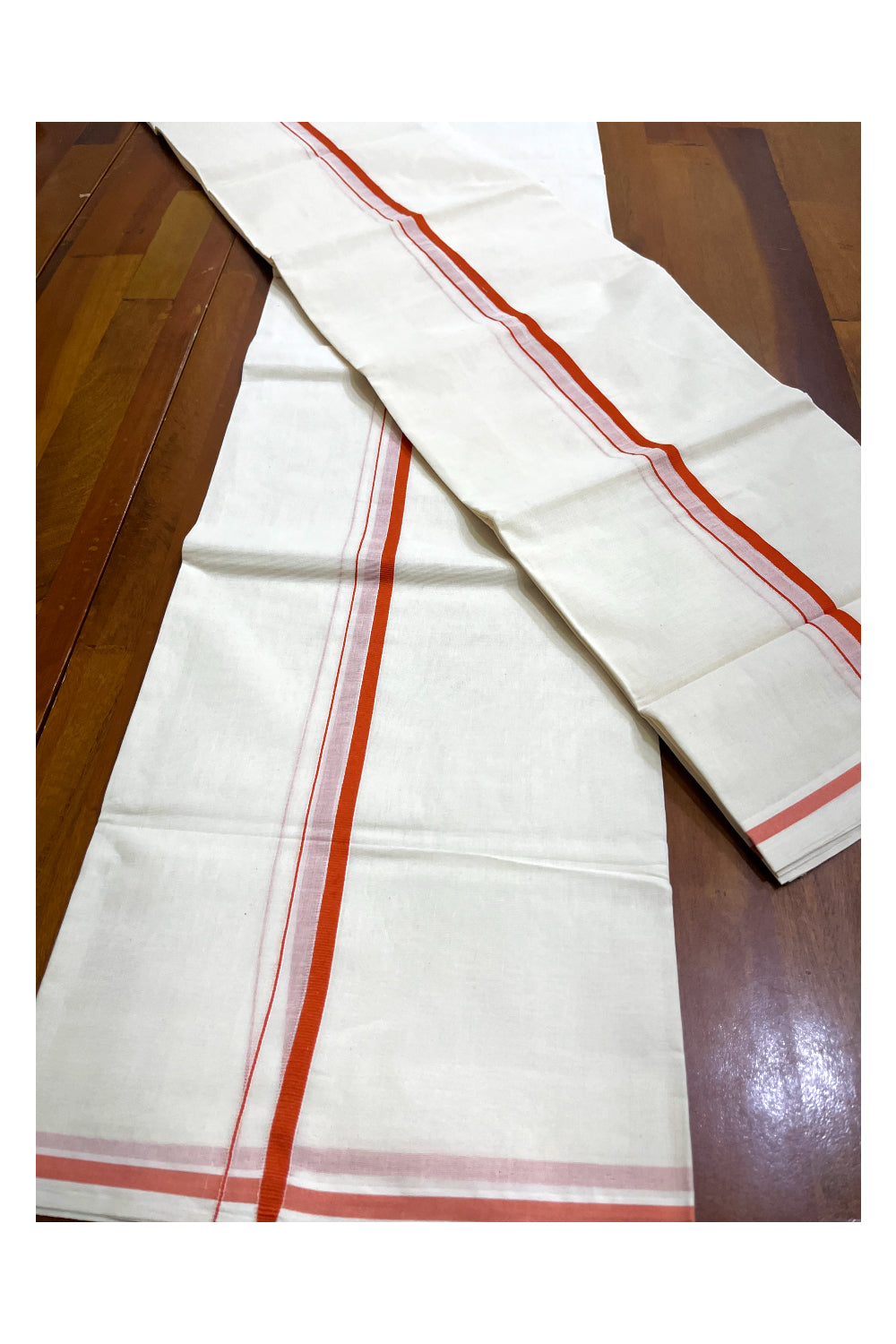 Kerala Cotton Puliyilakkara Single Set Mundu (Mundum Neriyathum) with 0.5 inch Orange Border 2.80Mtrs