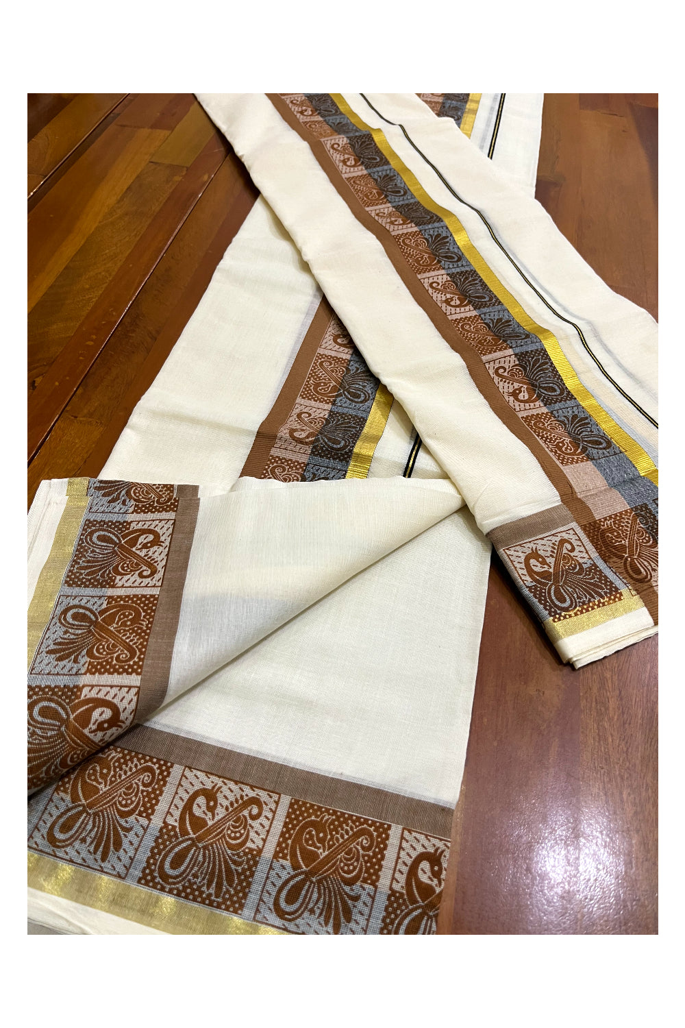 Kerala Cotton Kasavu Single Set Mundu (Mundum Neriyathum) with Blue and Brown Kara and Block Prints