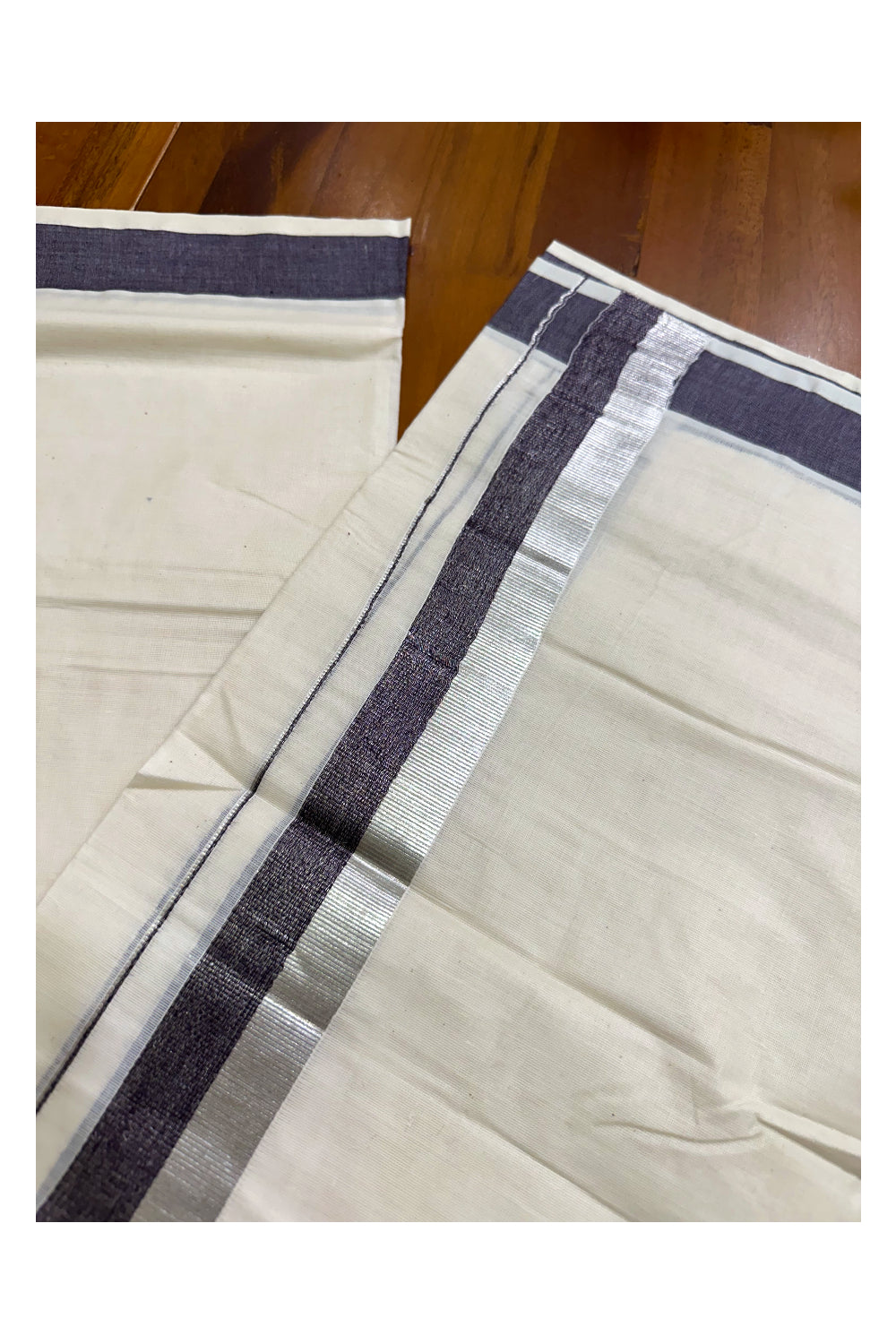 Kerala Pure Cotton Off White Double Mundu with Silver Kasavu And Violet Kara (South Indian Kerala Dhoti)