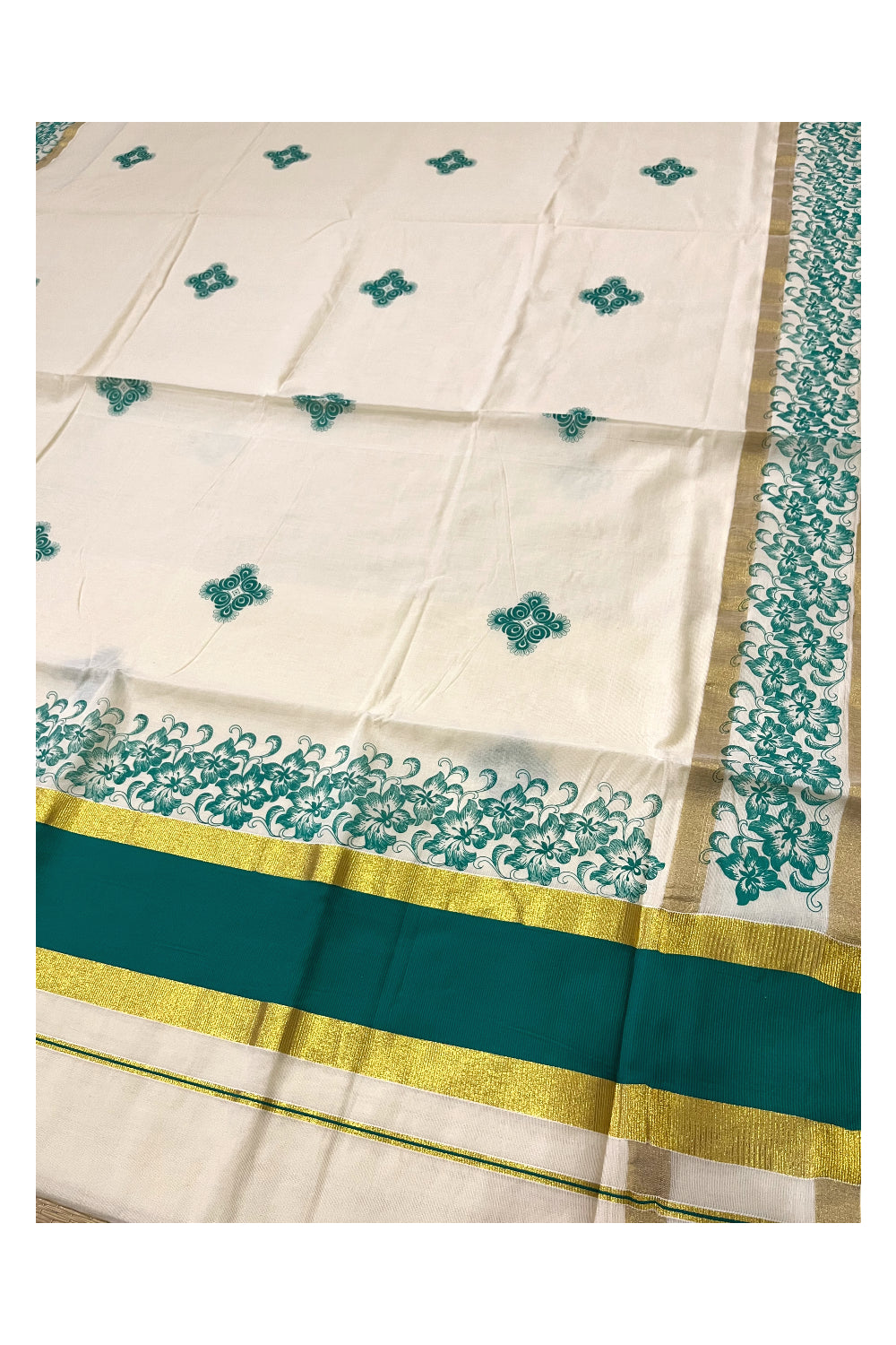 Pure Cotton Kerala Saree with Green Floral Block Printed Kasavu Border