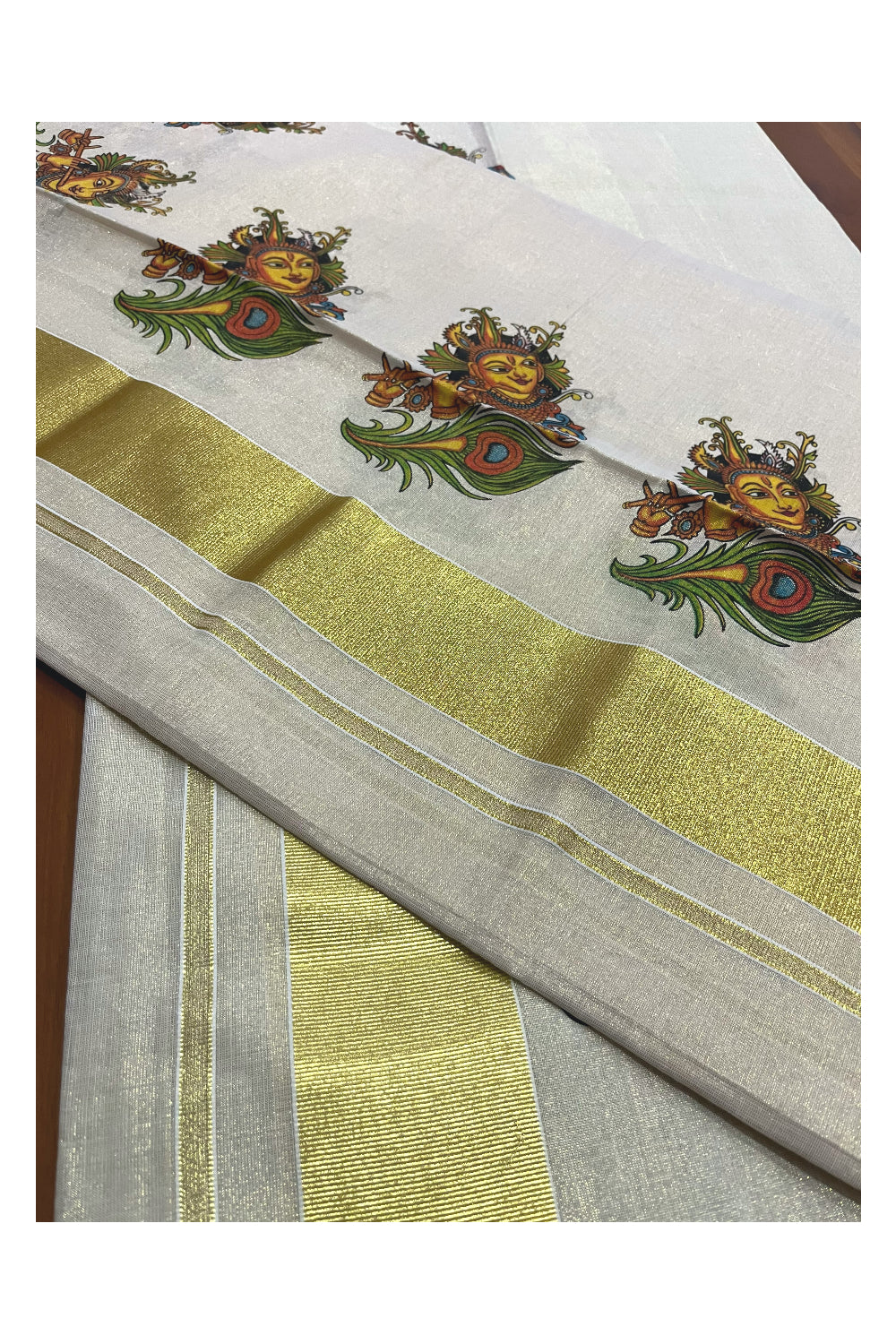 Kerala Tissue Kasavu Set Mundu (Mundum Neriyathum) with Krishna Mural Printed Design (Onam Set Mundu 2023)