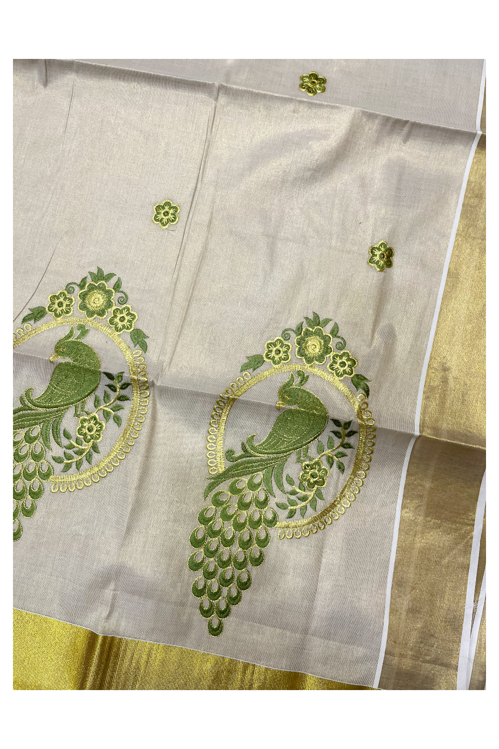 Kerala Tissue Light Green and Golden Peacock Embroidery Work Kasavu Saree (Vishu 2024 Collection)